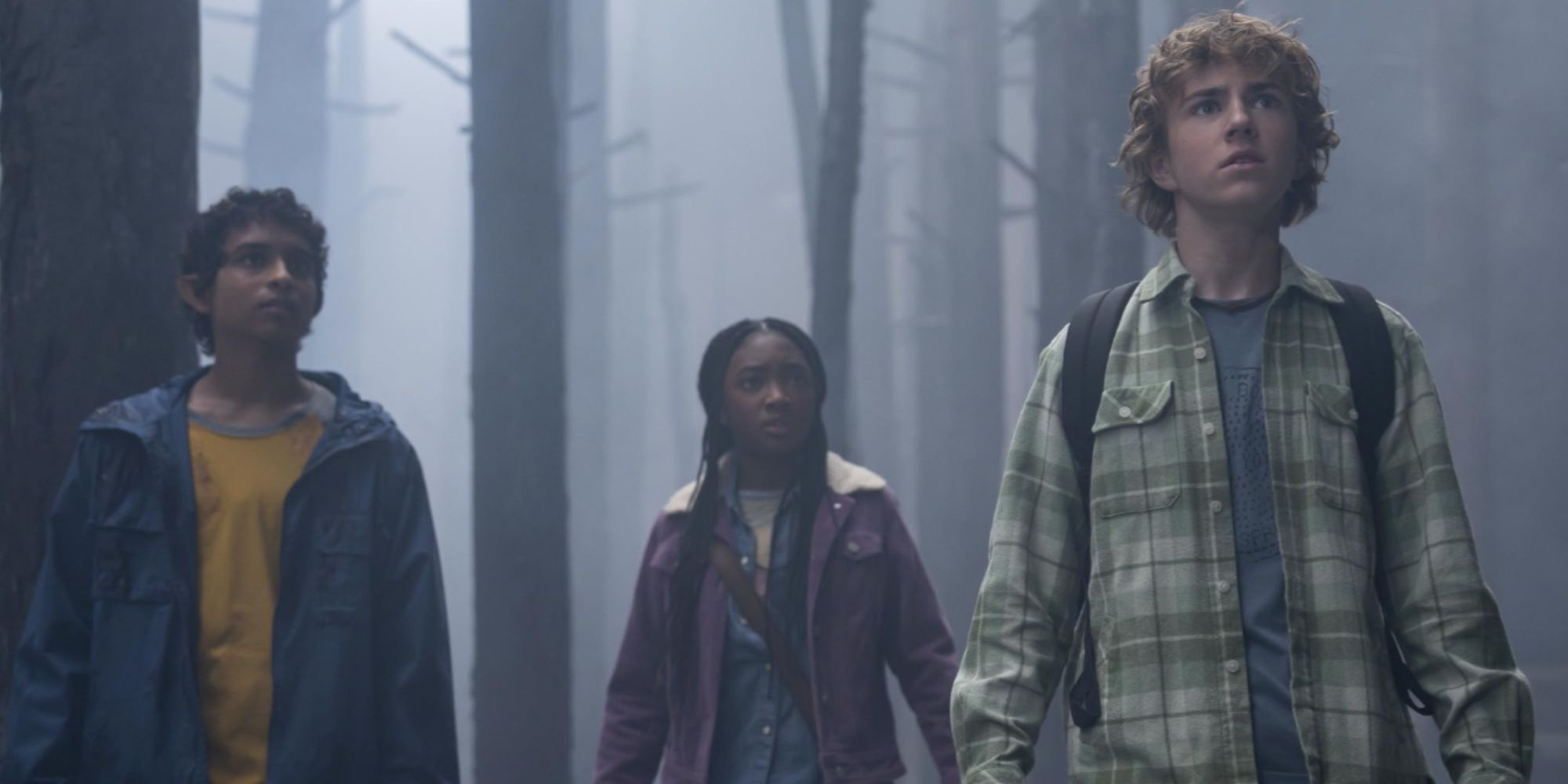 Grover. Annabeth, and Percy wandering as a group in the misty forest to Camp Half-Blood.