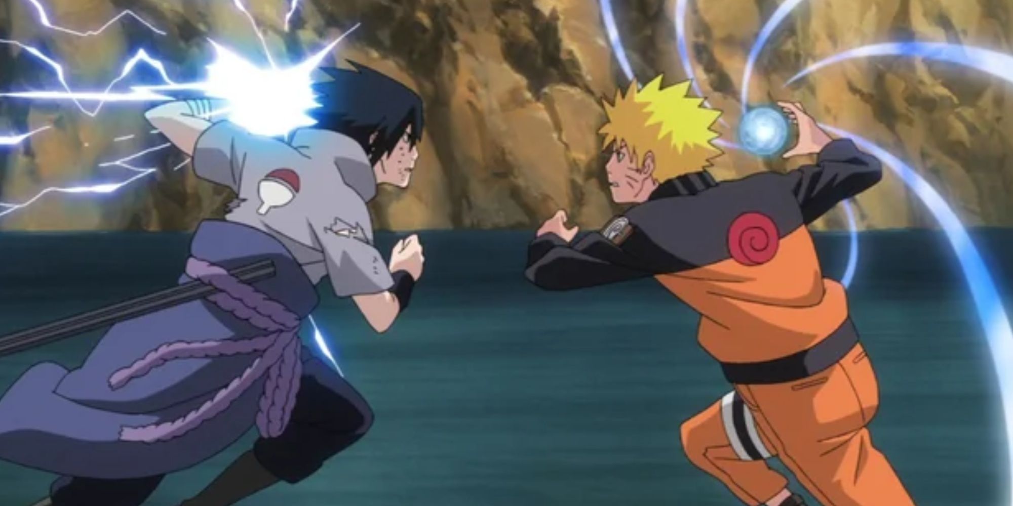 Naruto und Sasuke treffen aufeinander, wobei jeder sein charakteristisches Jutsu verwendet.