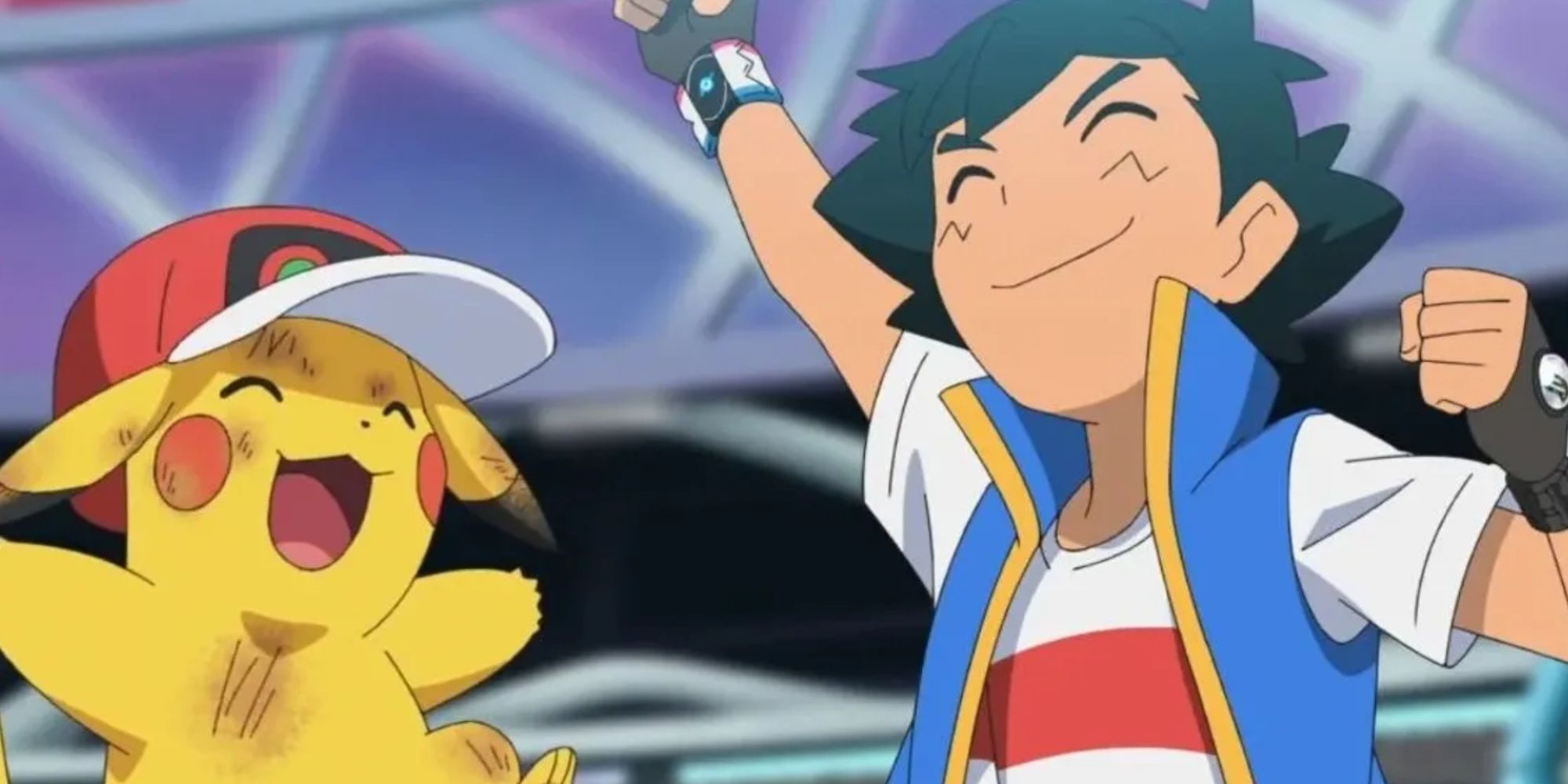 Ash und Pikachu feiern ihren Sieg, wobei Pikachu Ashs Mütze trägt.