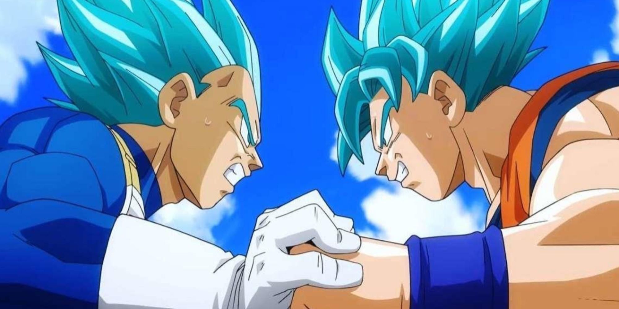 Goku und Vegeta treten in ihren Super-Saiyajin-Blau-Formen in einem Kräftemessen gegeneinander an.