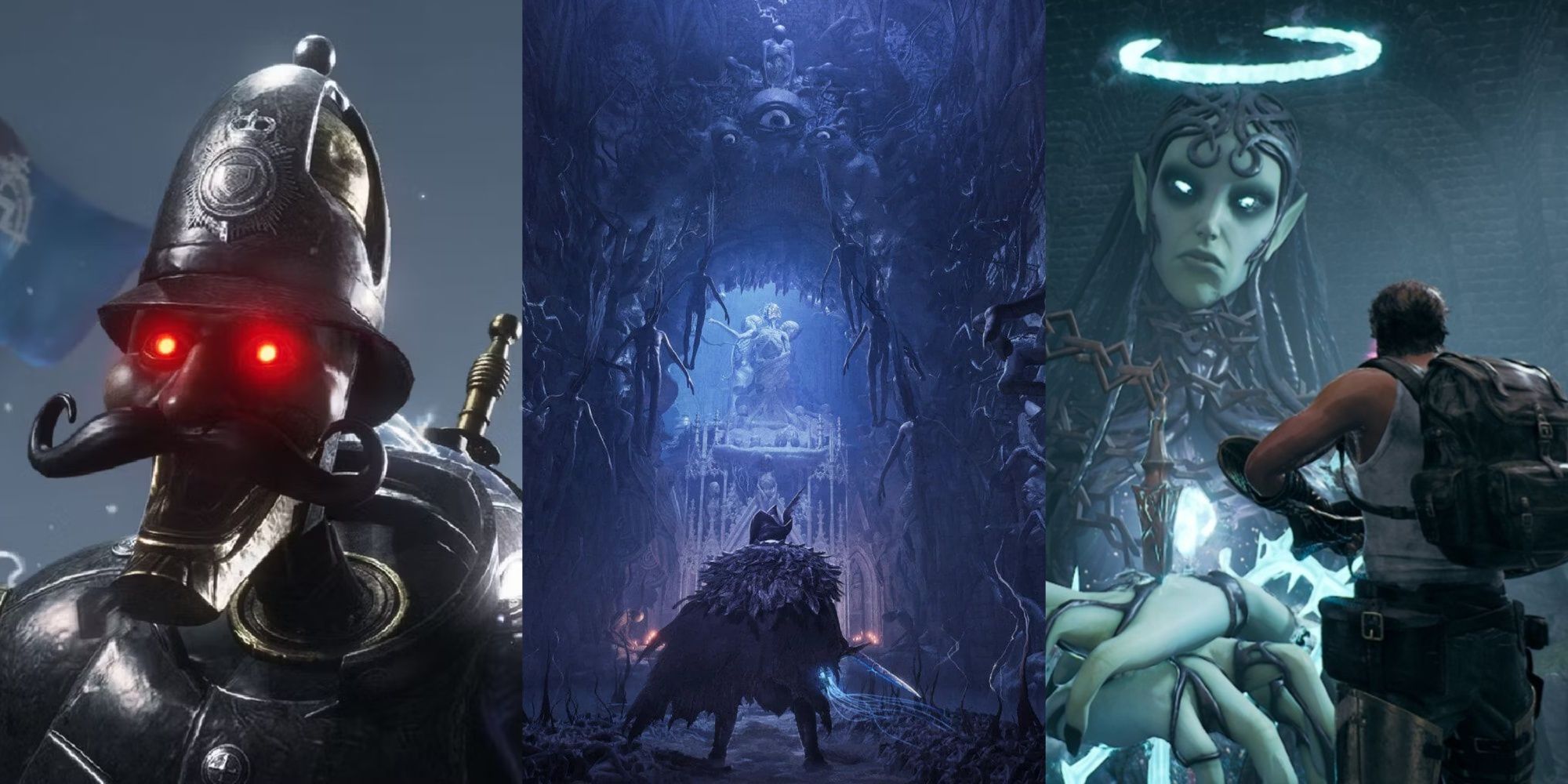Three-image collage of a close-up of the Scrapped Watchman from Lies of P, the main character build standing in the violet Umbral atmosphere in Lords of the Fallen, and the player approaching Nimue in Remnant 2.