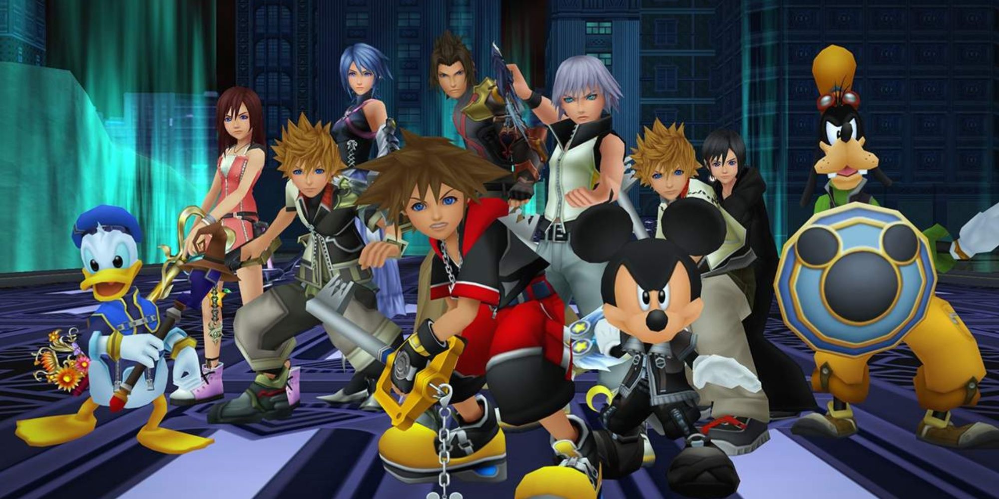 sora surrounded by the cast of kingdom hearts