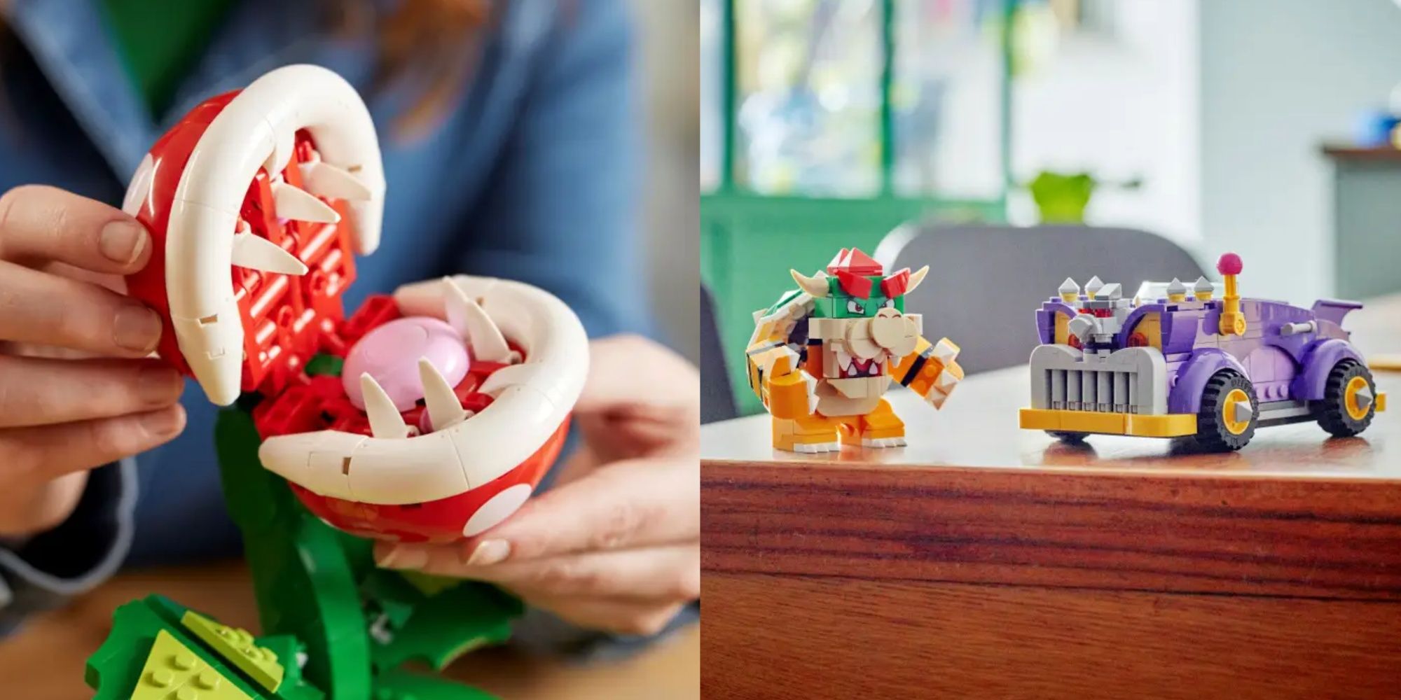 piranha plant and bowser's muscle car lego sets