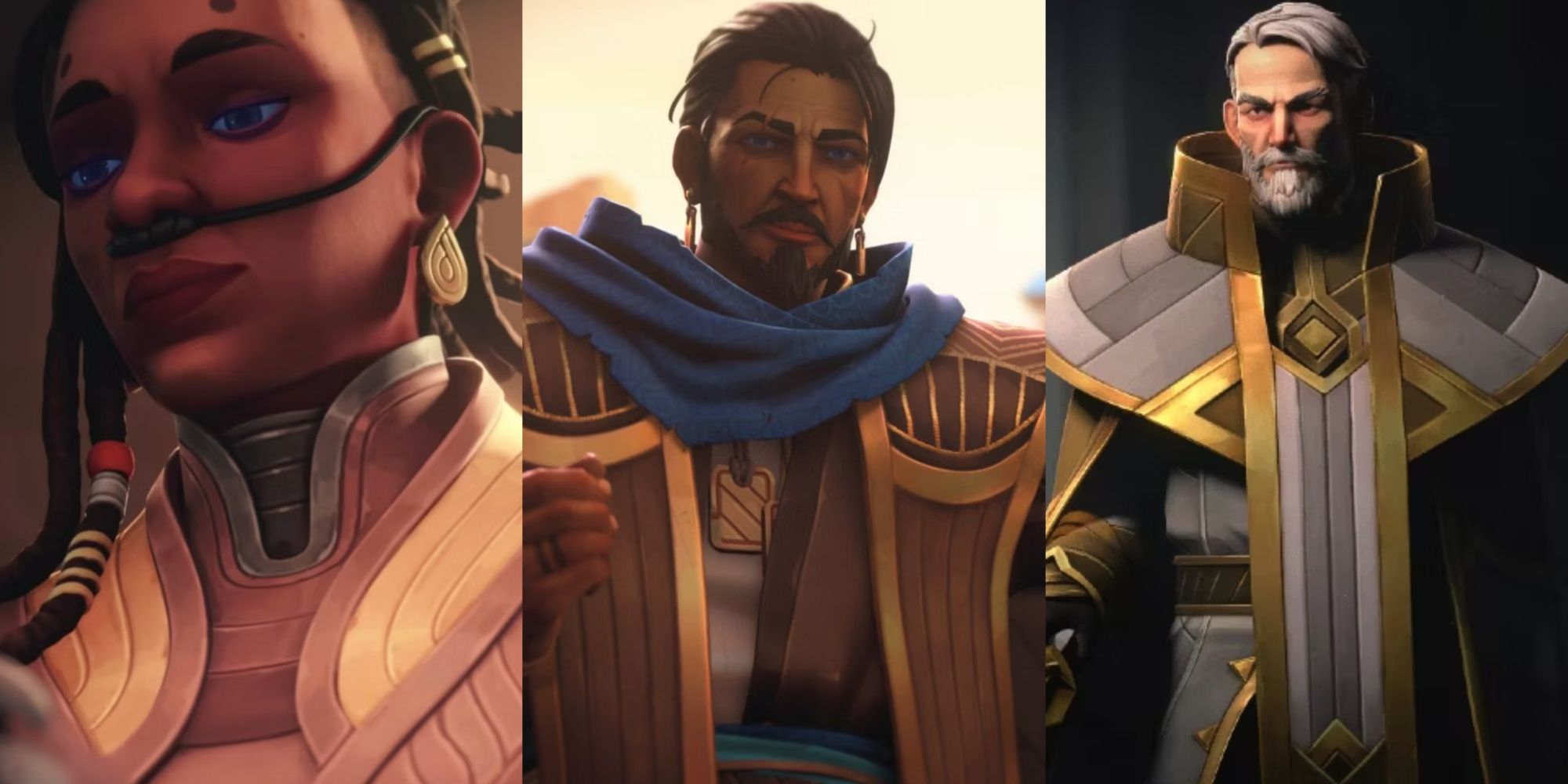 A collage showing three leaders of Dune: Spice Wars' factions.