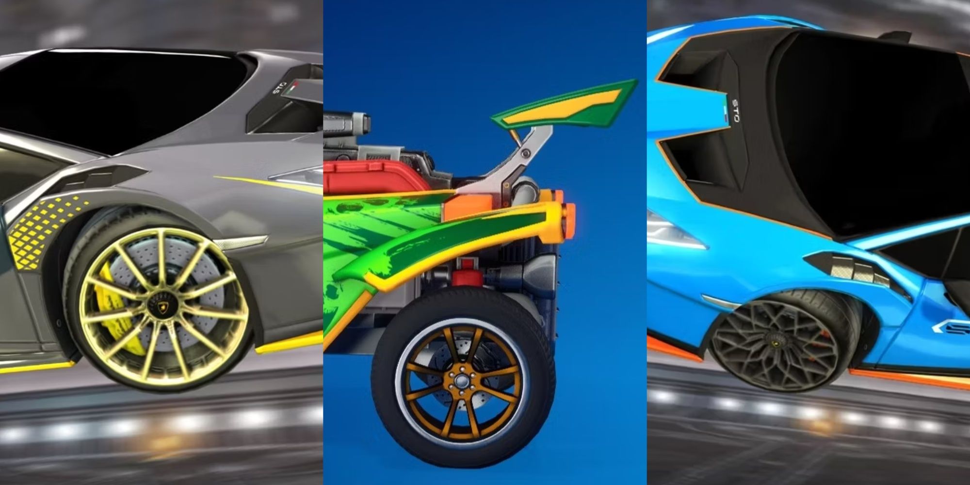 A collage showing three different types of wheels in Fortnite Rocket Racing.