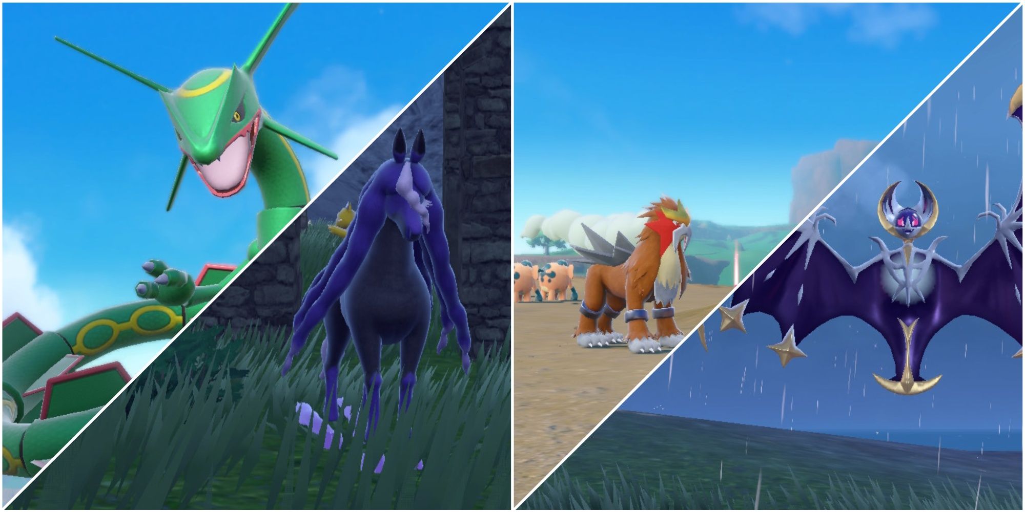 Legendäre Pokémon Scharlachrot und Violett, darunter Rayquaza, Spectrier, Entei und Lunala, von links nach rechts