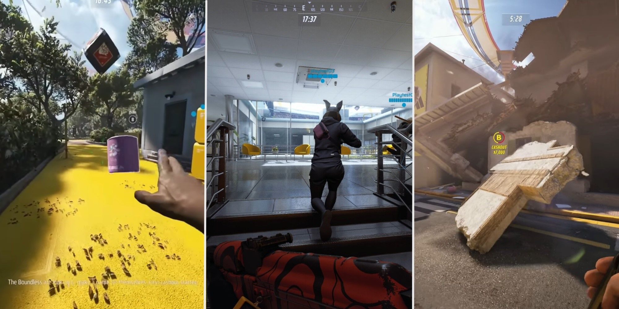 A split image of a canister being thrown, a player following a teammate and a house being destroyed in The Finals