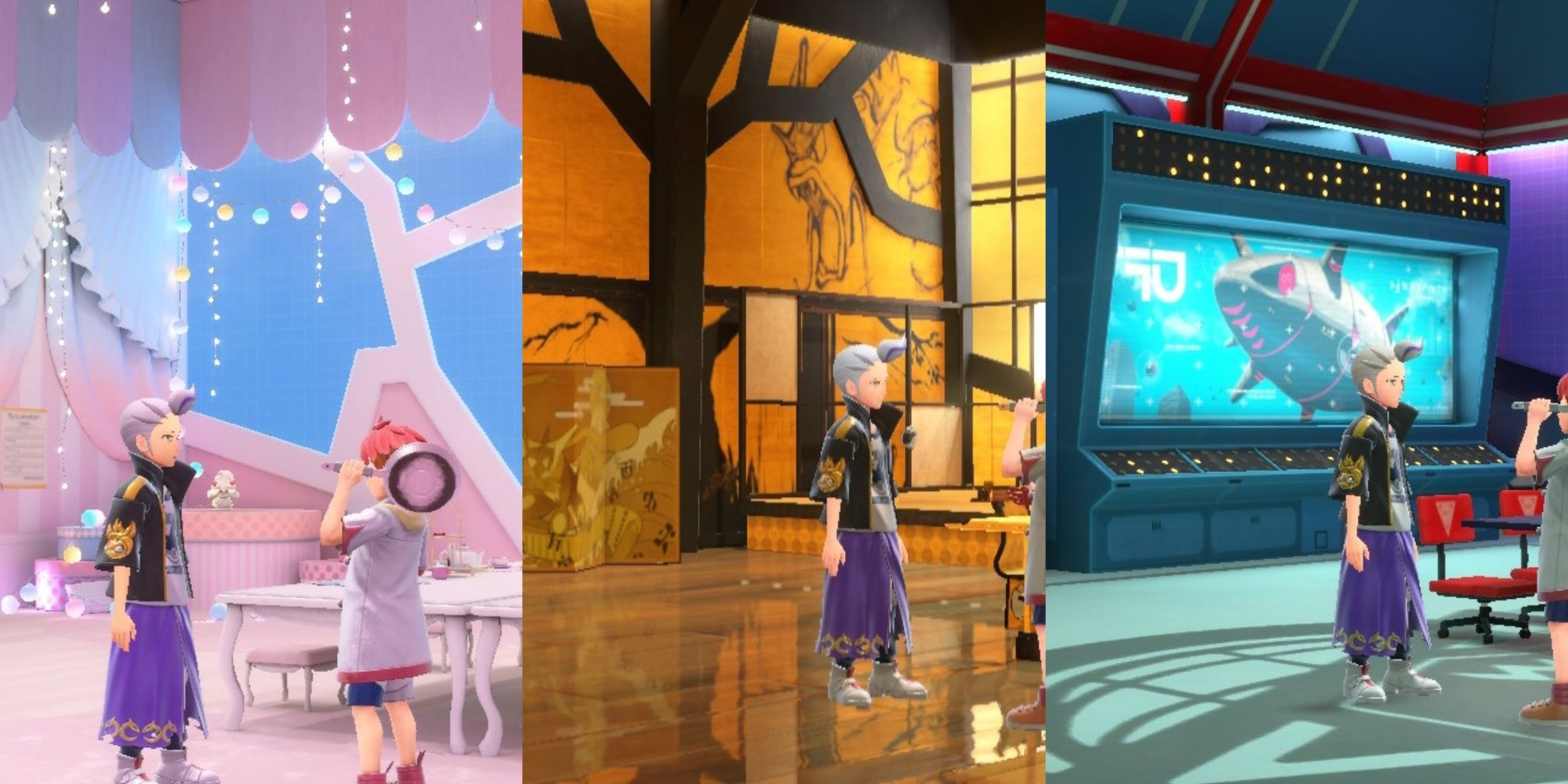 Pokemon Scarlet And Violet Clubroom Designs in order of Fancy, Gorgeous, and Futuristic, left to right