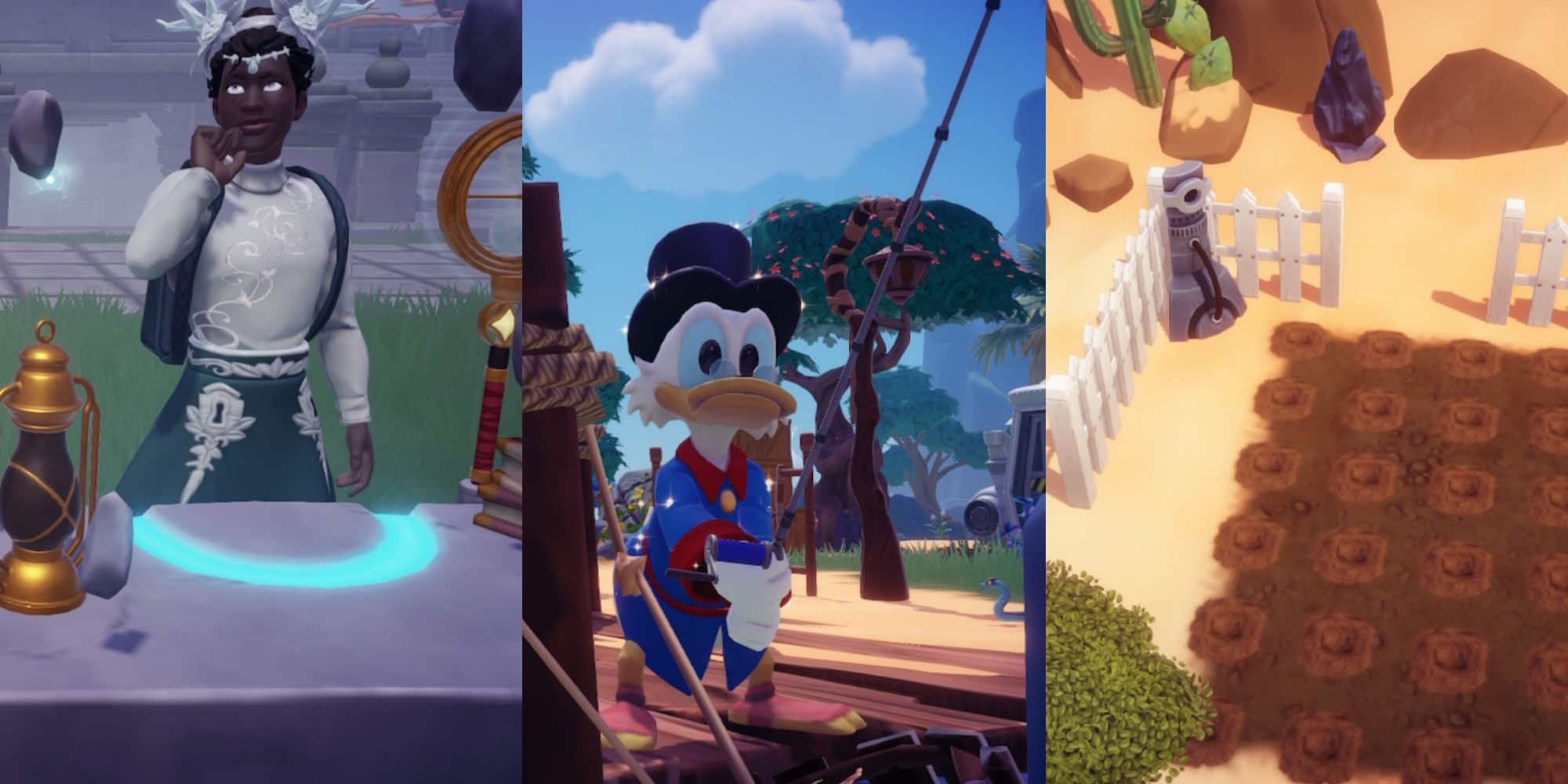Split image featuring a player character posing at a Timebending Table, Scrooge fishing at Eternity Isle, and a placed Ancient Machine at an empty garden in Disney Dreamlight Valley.
