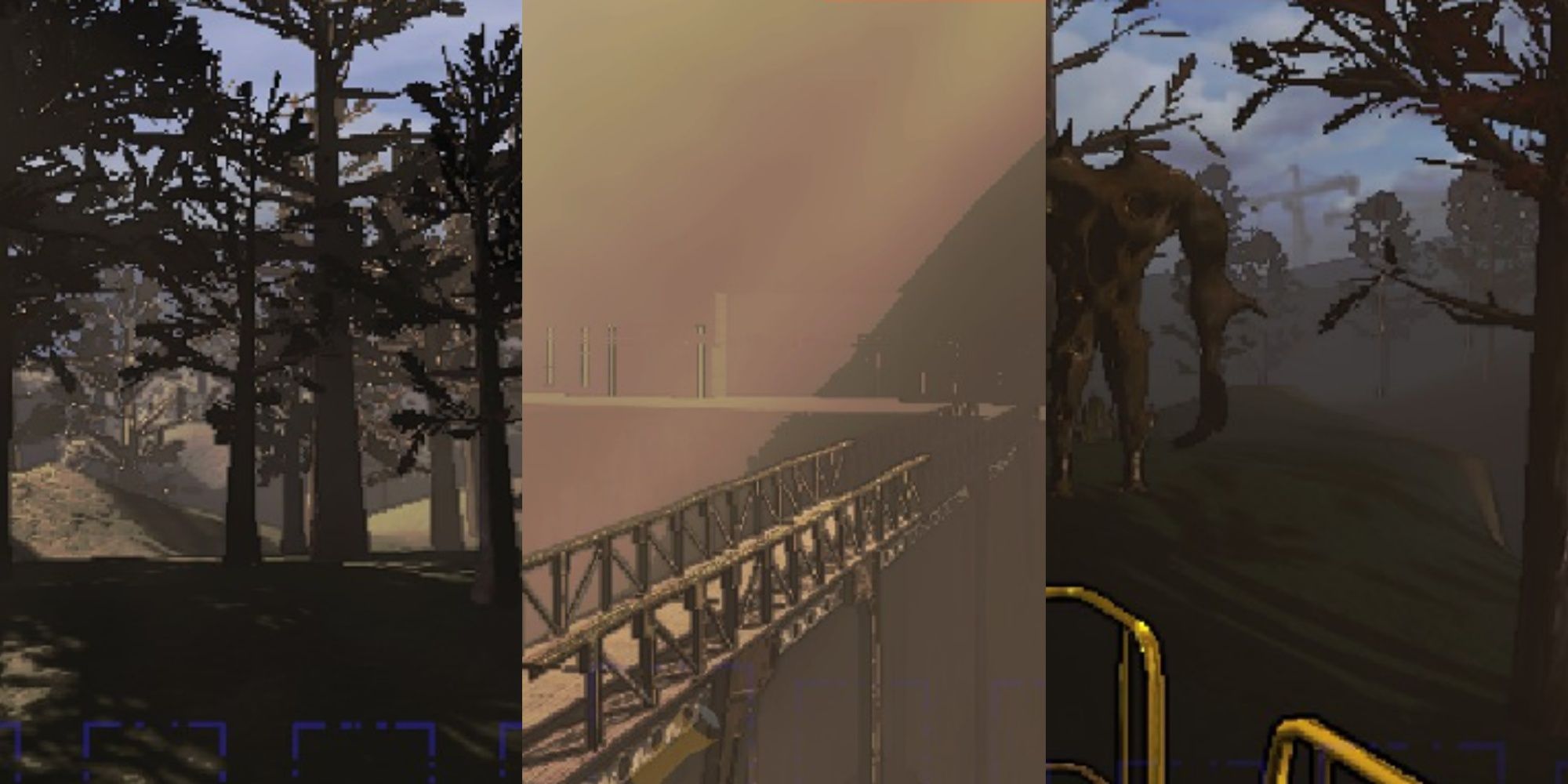 Split image featuring the forest-covered surface of Vow during the day, the main complex and a bridge leading to it, and a Forest Keeper near the ship during the day on Vow in Lethal Company.