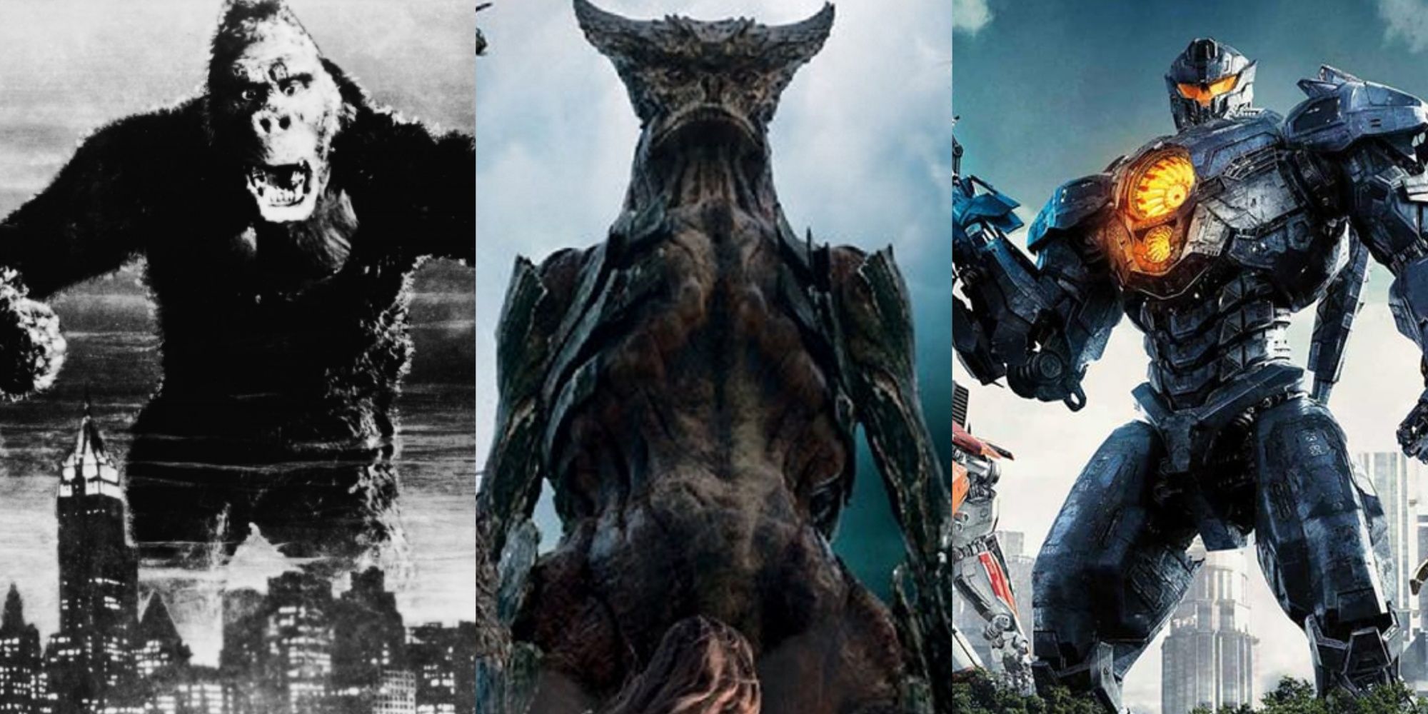 A collage featuring King Kong, the monster from Colossal and a mecha from Pacific Rim.