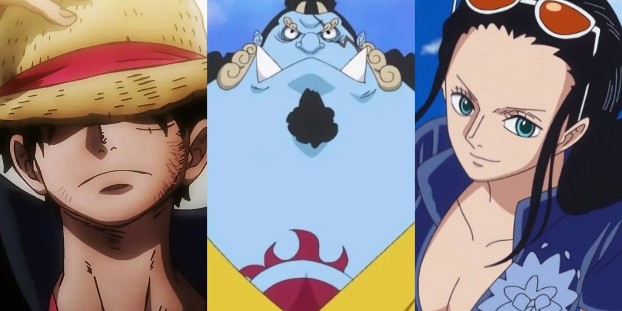 A collage showing Luffy, Jinbei, and Robin.