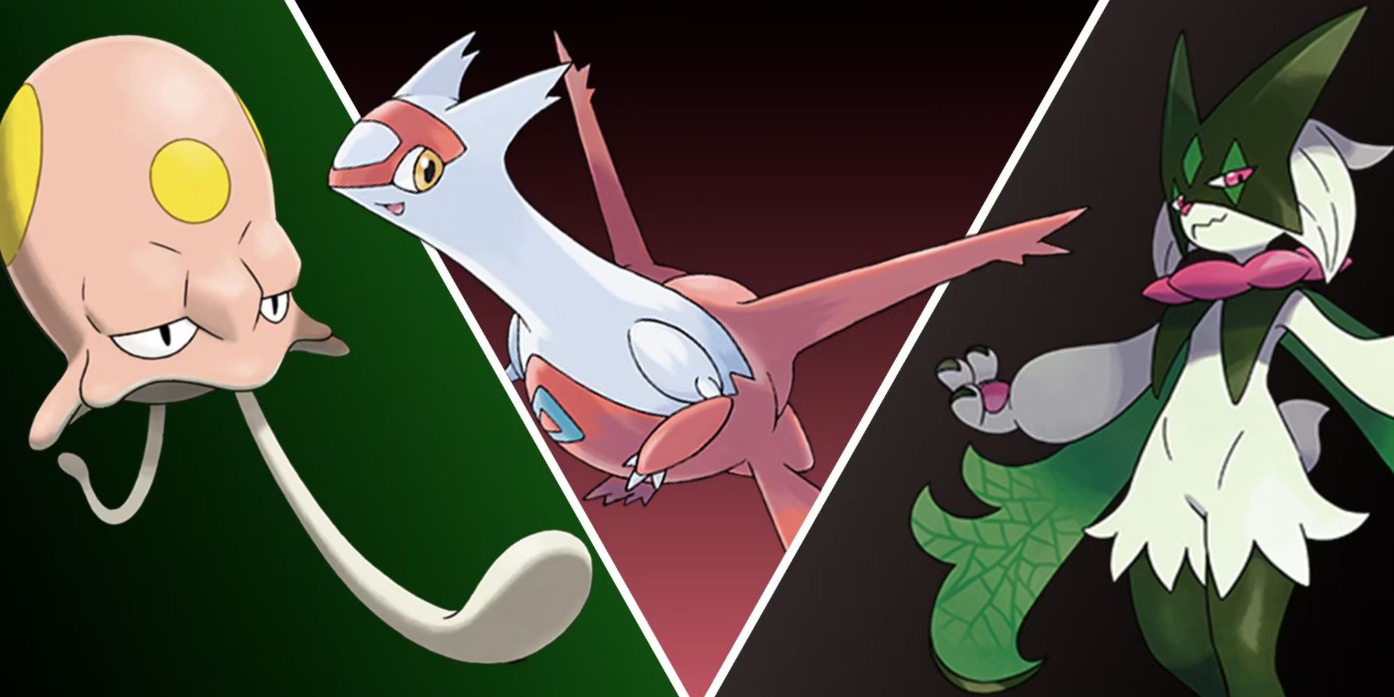 Toedscool and Meowscarada standing on either side of Latias flying between them.