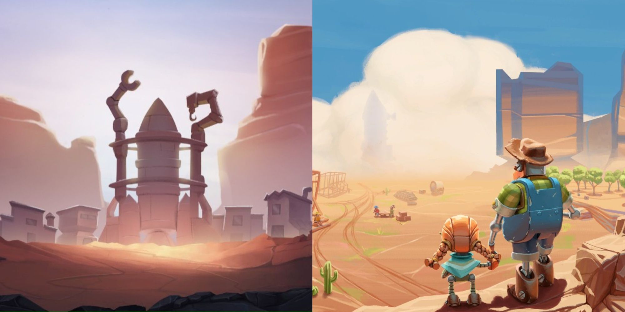 Split image featuring drawn cutscene art of a city and the rocket being built at the Astrodome and the main menu art of Astrid and Jack Clutchsprocket overlooking a city in progress in Steamworld Build. 
