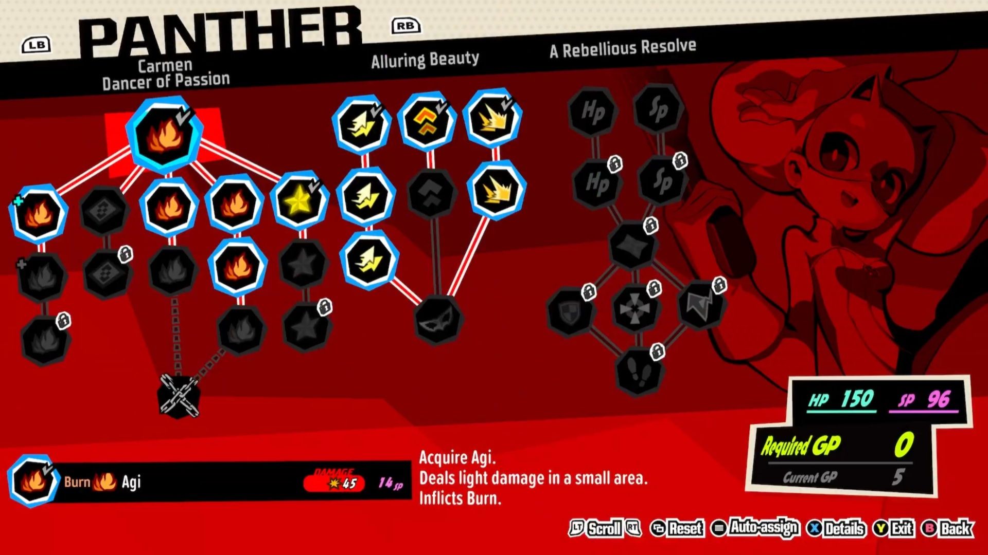 Panther's skill tree with multiple Alluring Beauty ones chosen in Persona 5 Tactica.