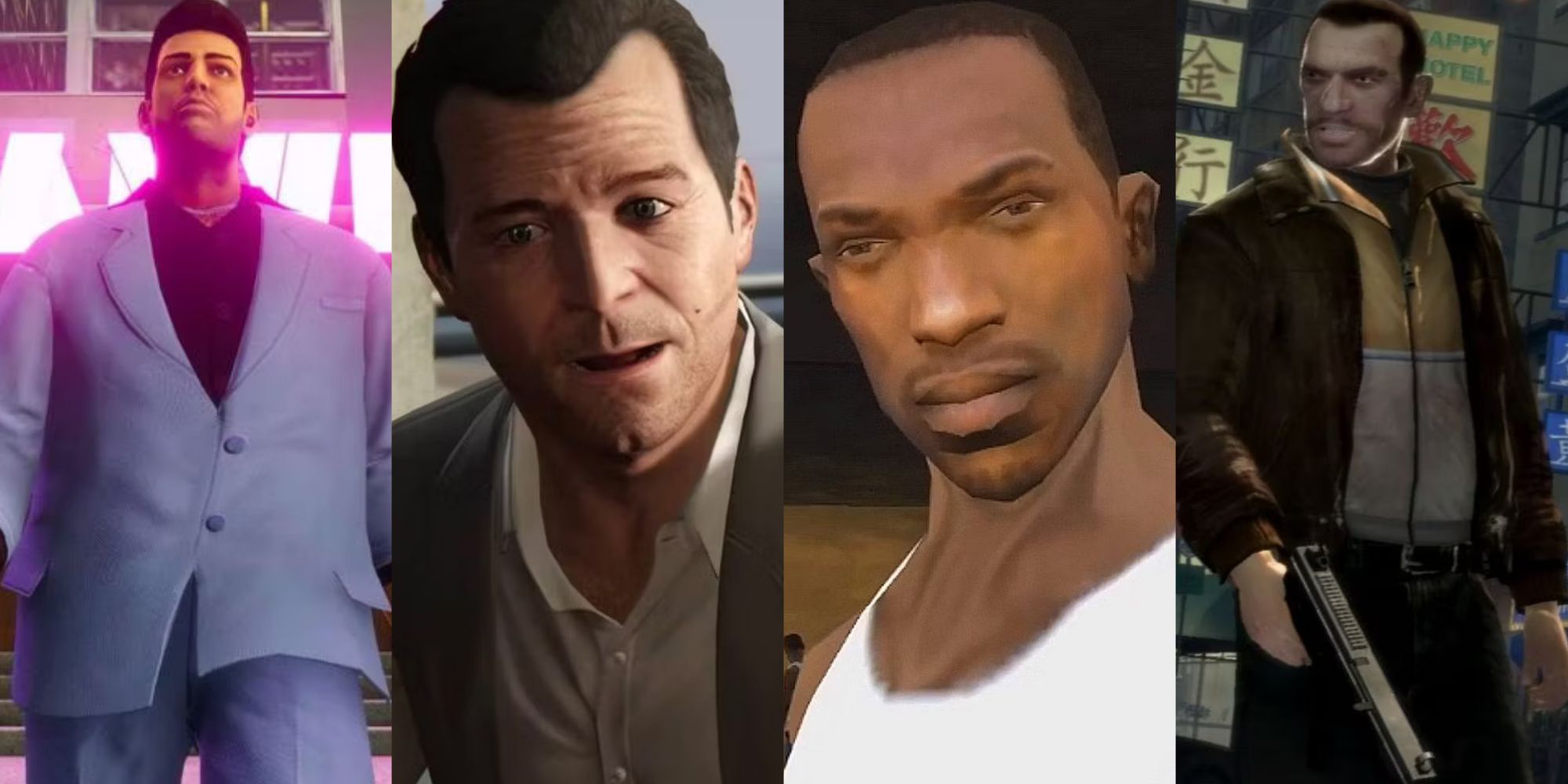 A collage showing the protagonists of GTA Vice City, 5, San Andreas, and 4.