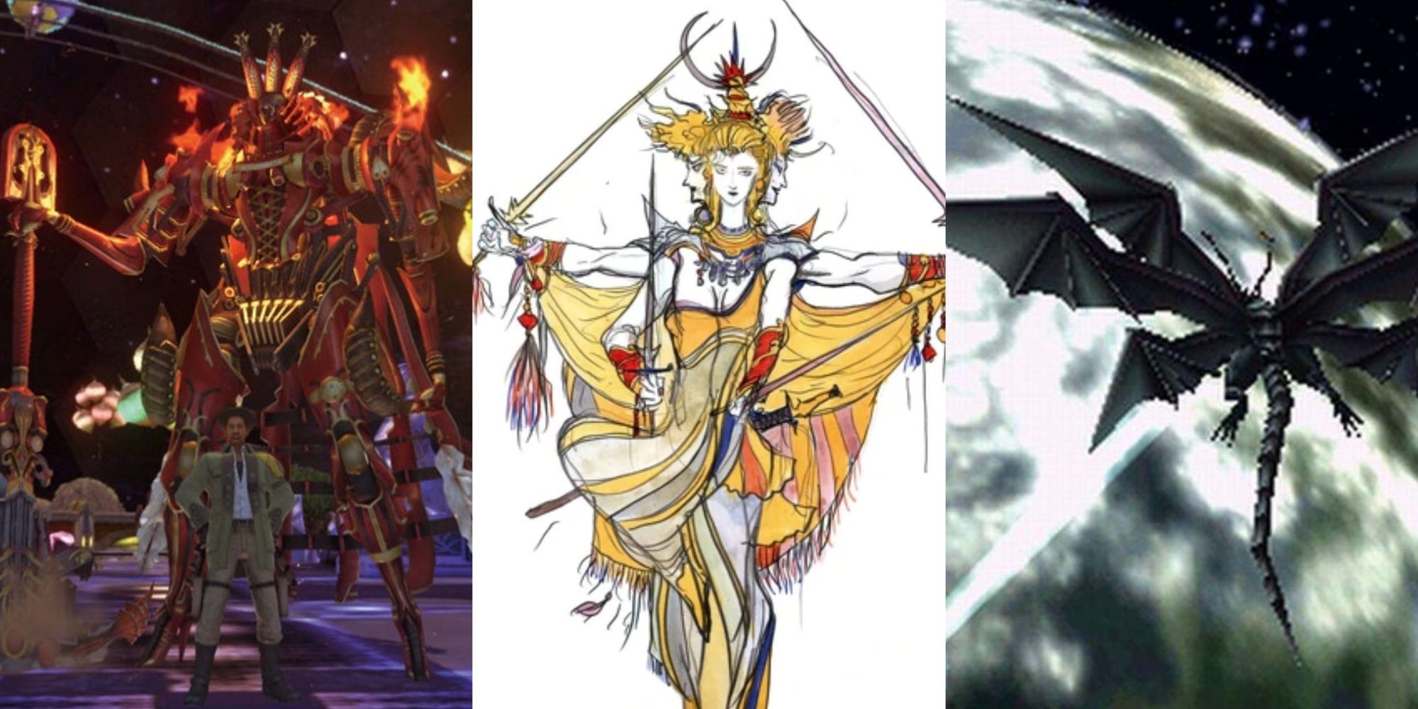 A collage of summons from Final Fantasy including Brynhildr, Asura and Bahamut Zero.