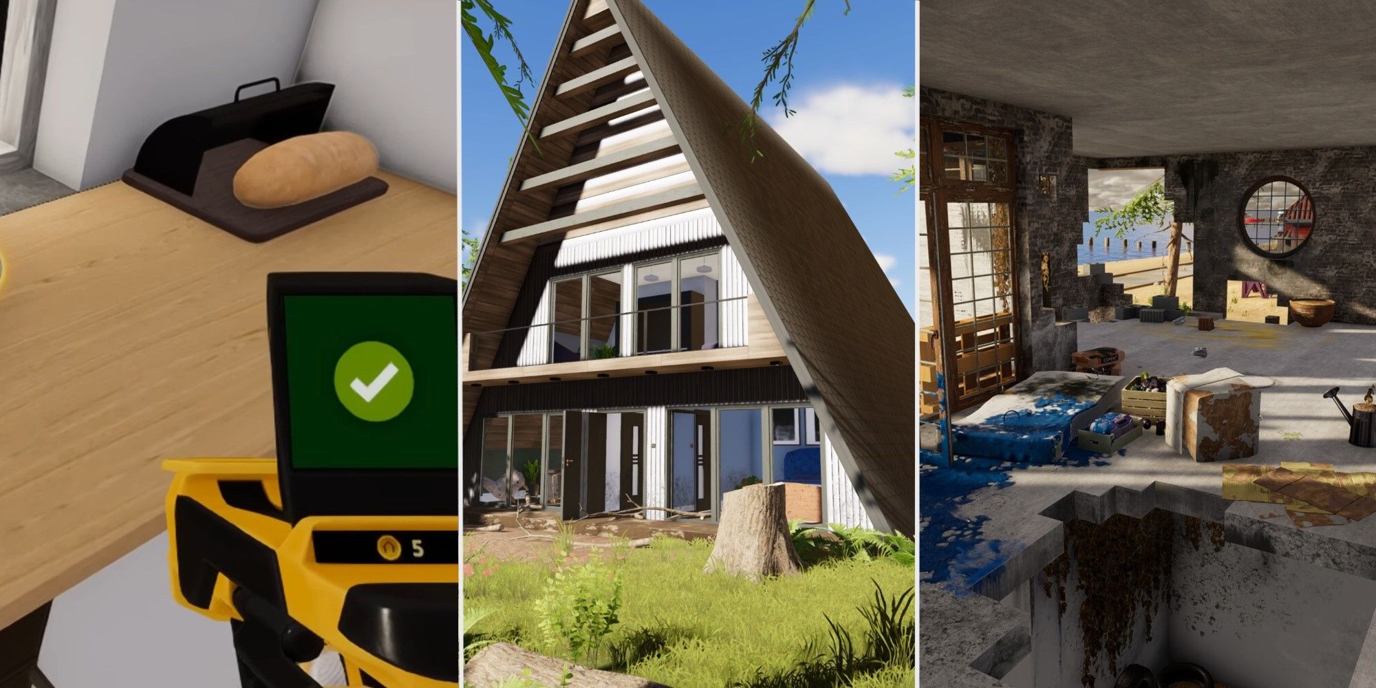 A split image showing an item being sold, a house and a broken floor being repaired in House Flipper 2