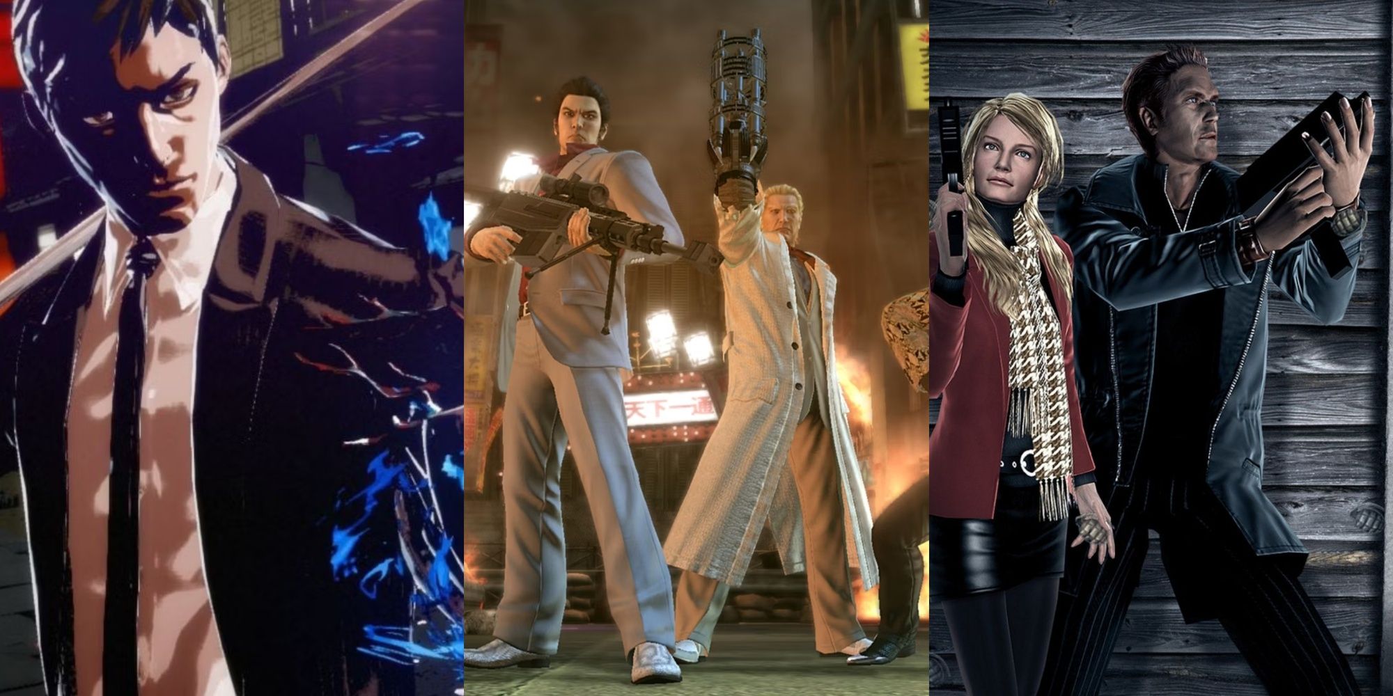 Mondo from Killer is Dead, Kiryu and Goda from Yakuza Dead Souls, and Kate and James from a grenade contest image of House of the Dead 4.