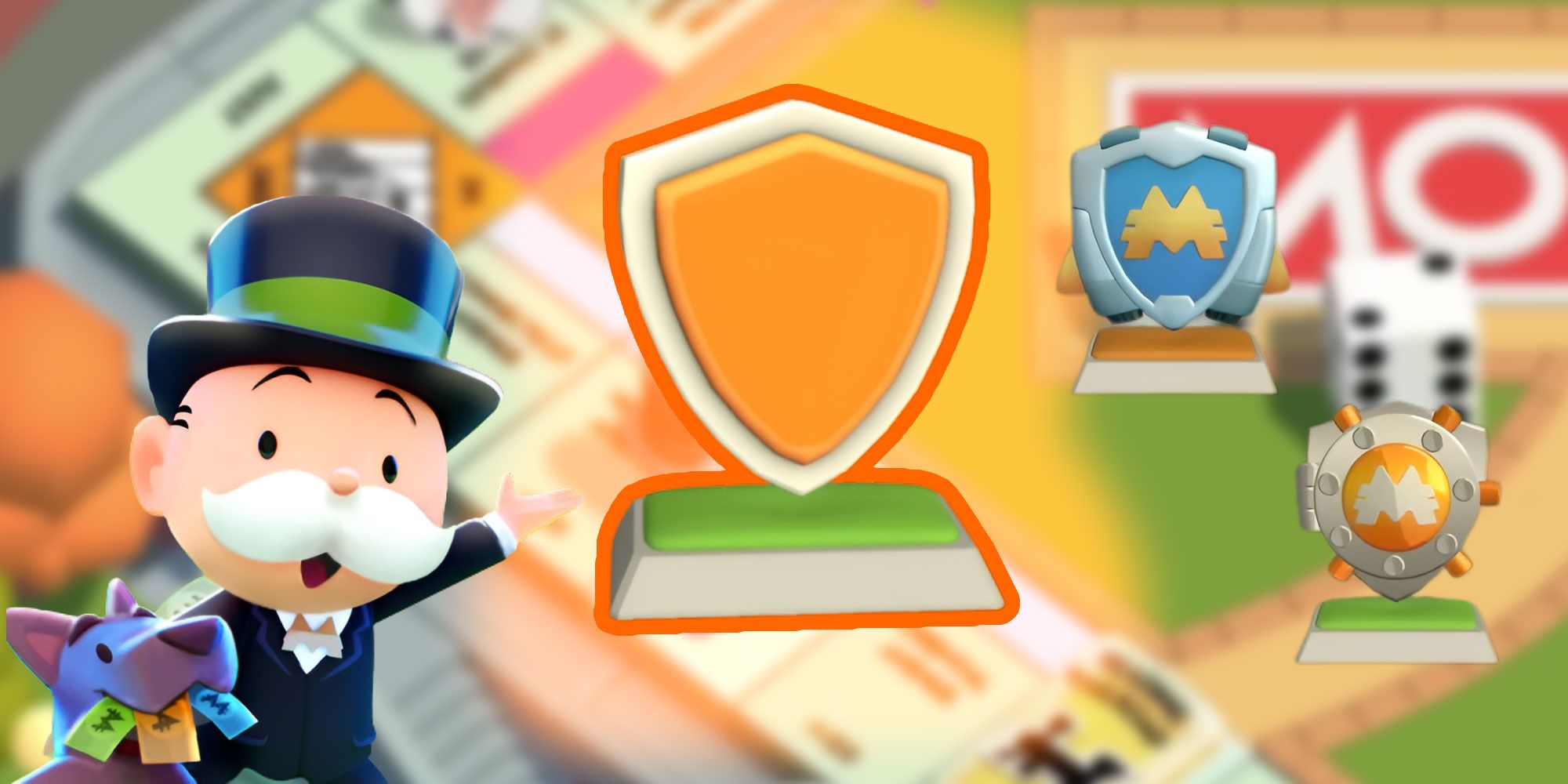 Mr. Monopoly pointing at a plain shield in Monopoly GO!, a couple different shield skins are floating on the right side of the plain shield.