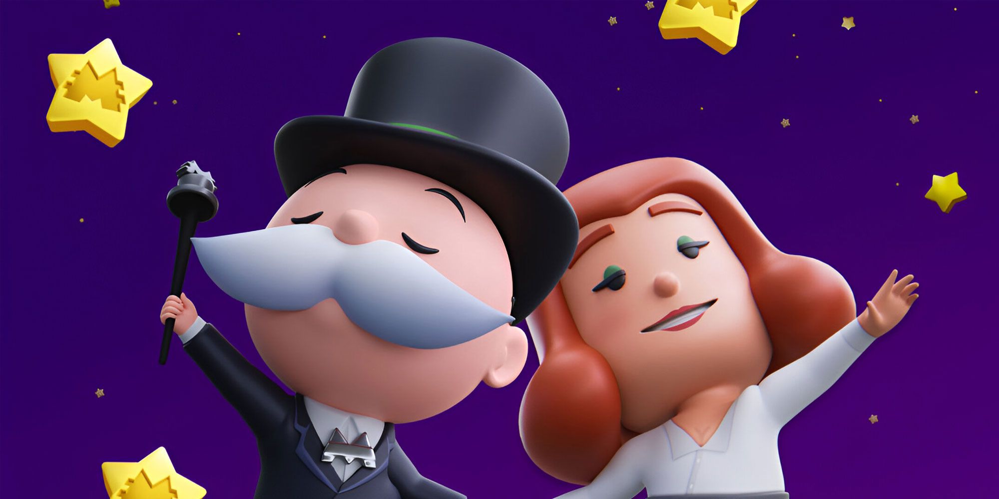 Mr. Monopoly holding hands with another character from Monopoly GO! with a beautiful purple sky full of stars in the background.