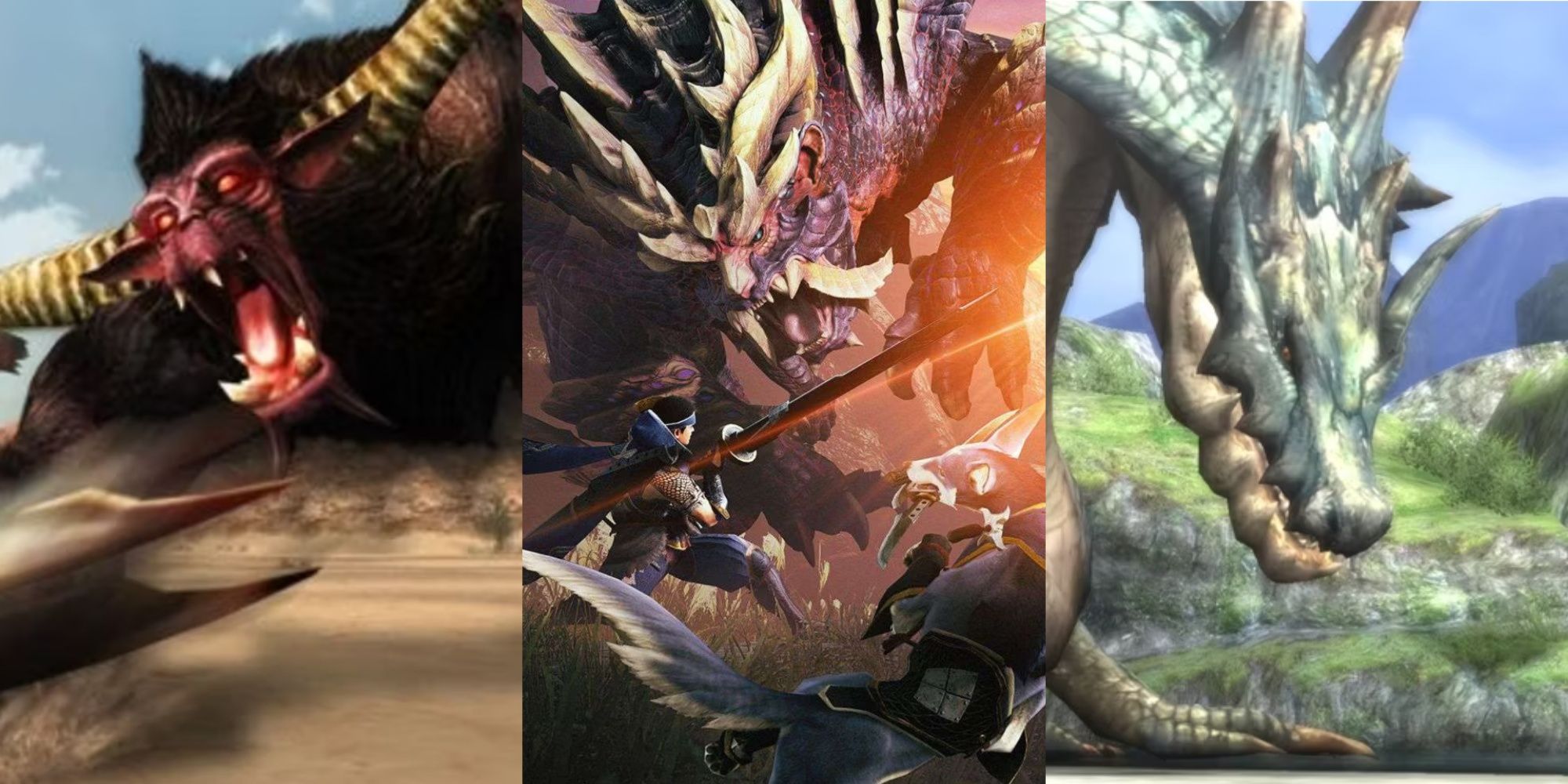 Monster Hunter Rajang attacking, Monster Hunter rise cover art showing Magnamalo, and Lagiacrus in Monster Hunter Tri, left to right.