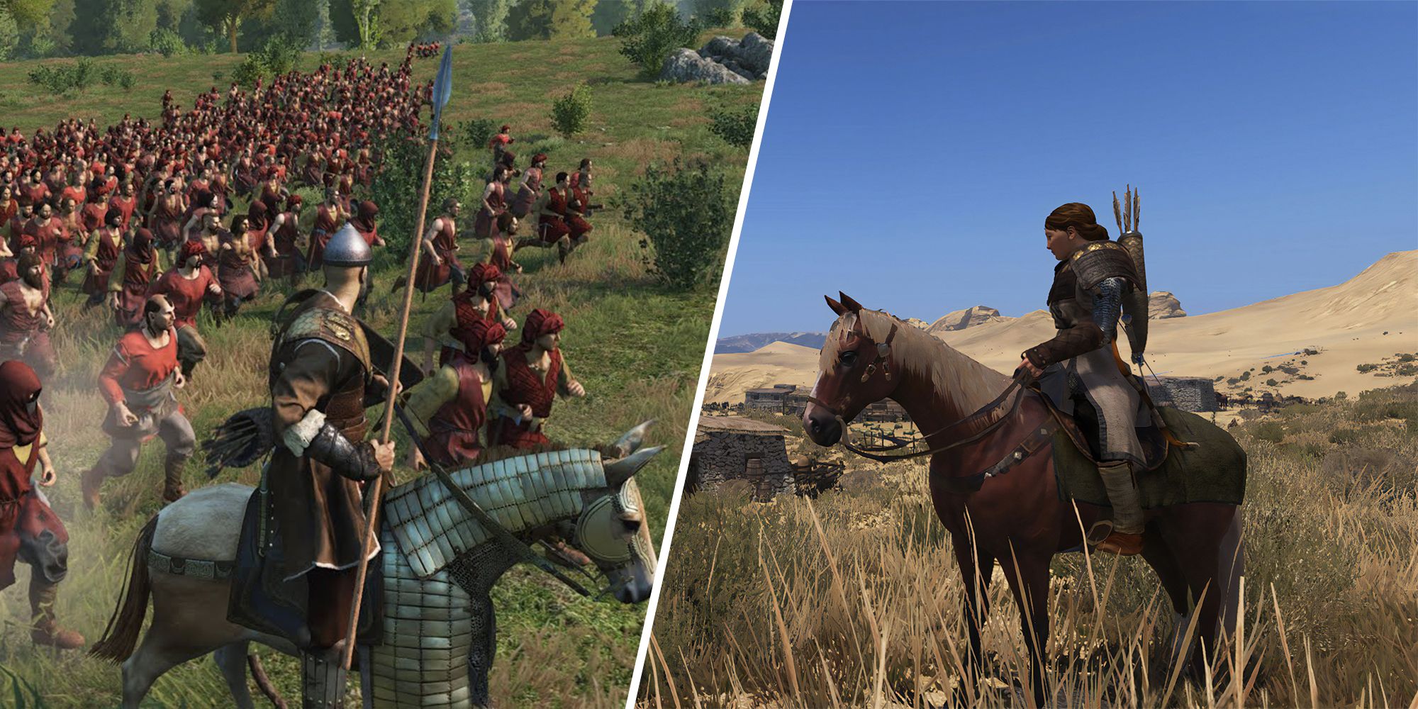Split image of an army commander and a solo rider with throwing weapons on her back
