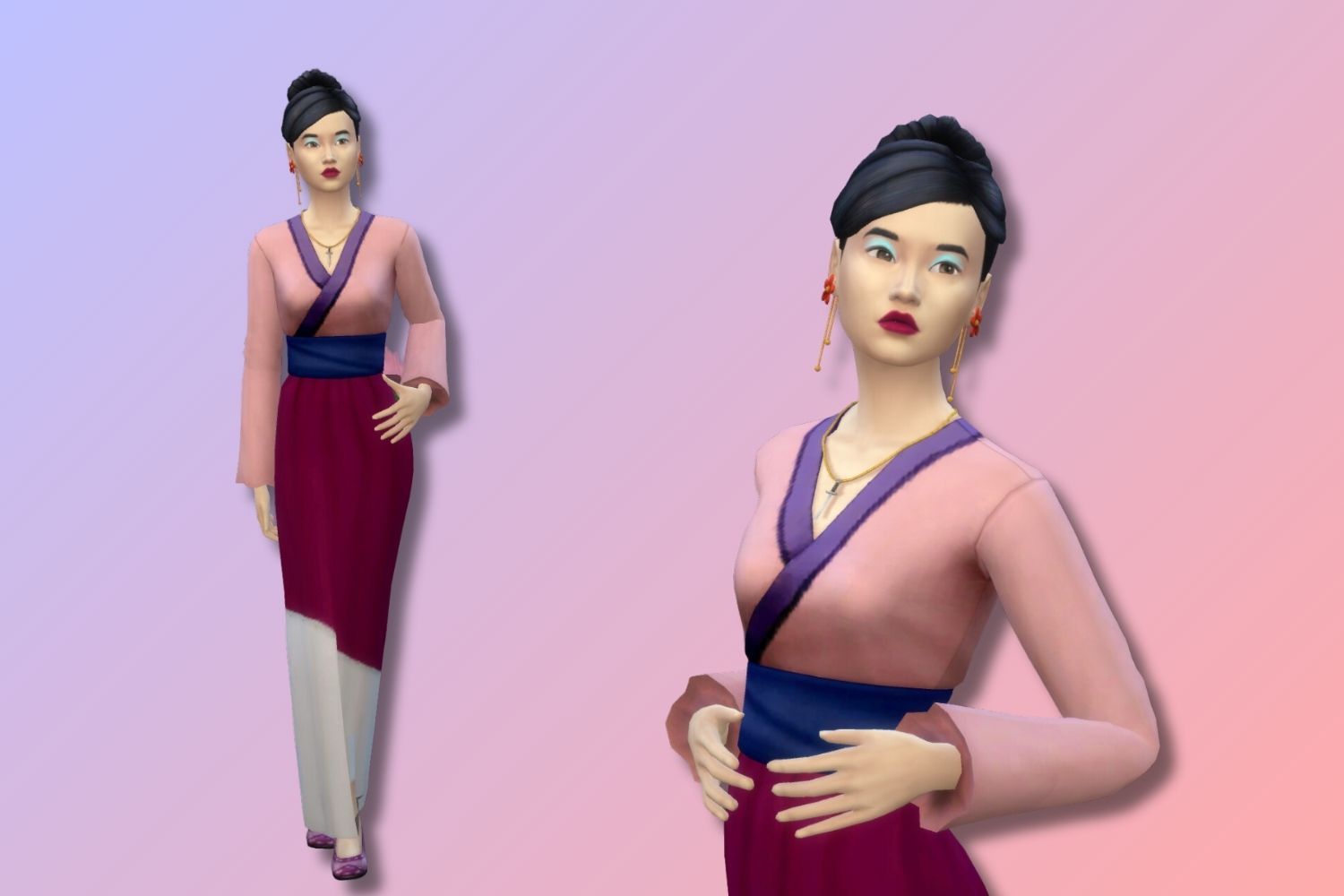 A Sim resembling Disney's Mulan stands against a pink background.