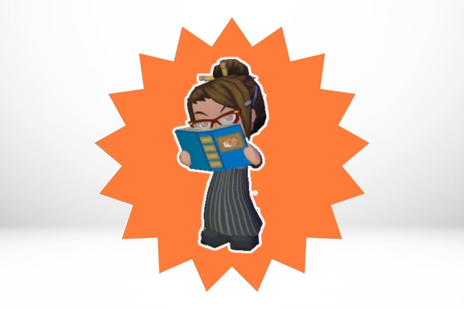 MySims character Elmira Clamp reads a book on a white background.