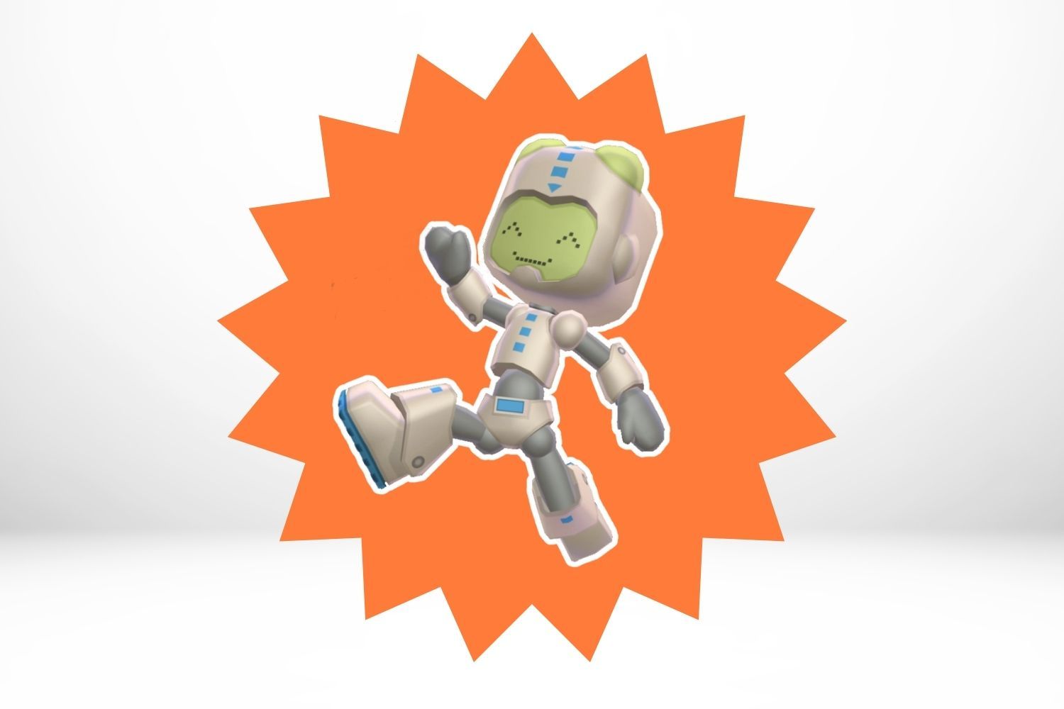 MySims character TOBOR frolicks against and orange and white background.