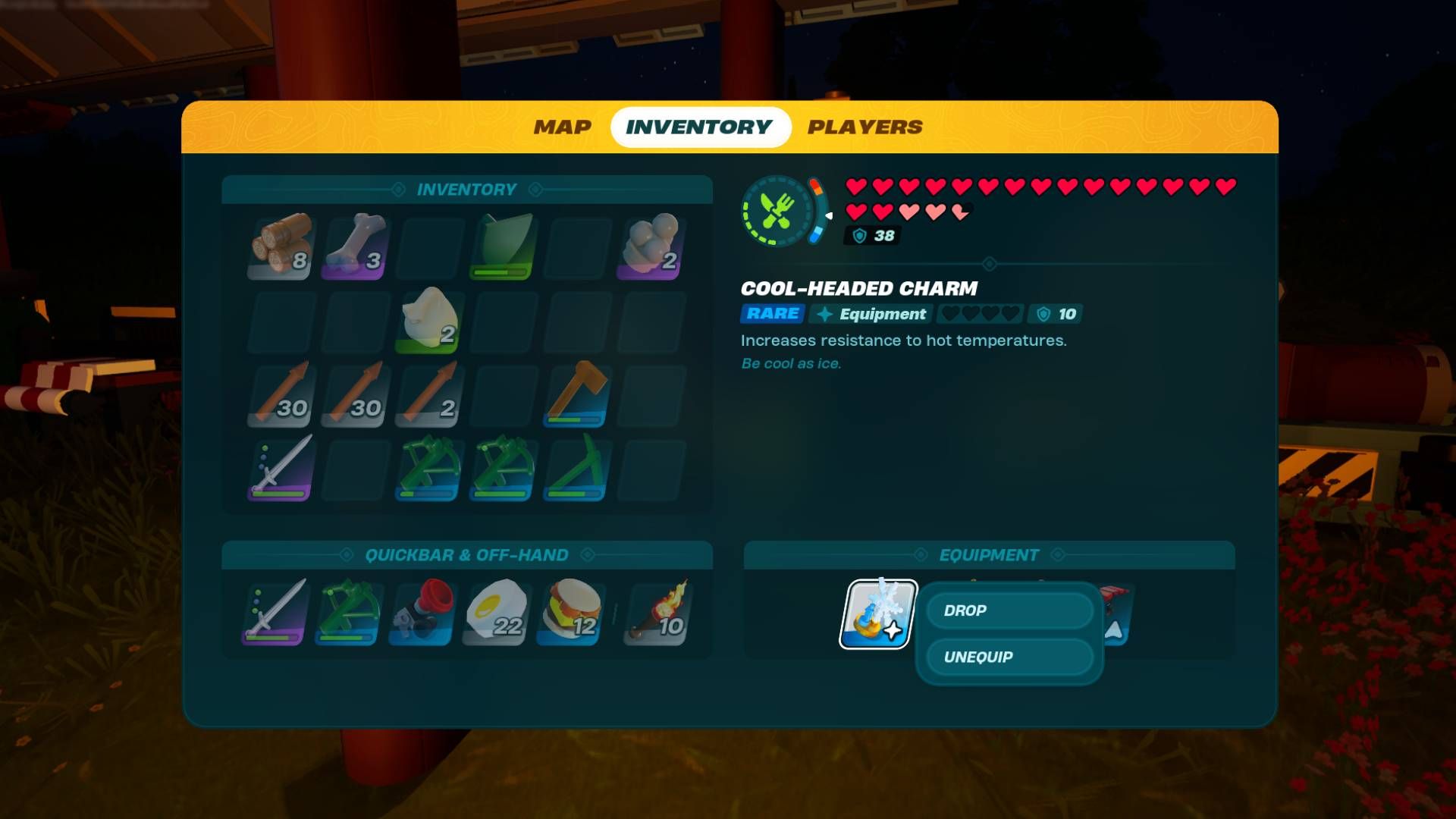 The inventory screen of Lego Fortnite showing the Cool-Headed Charm equipped.