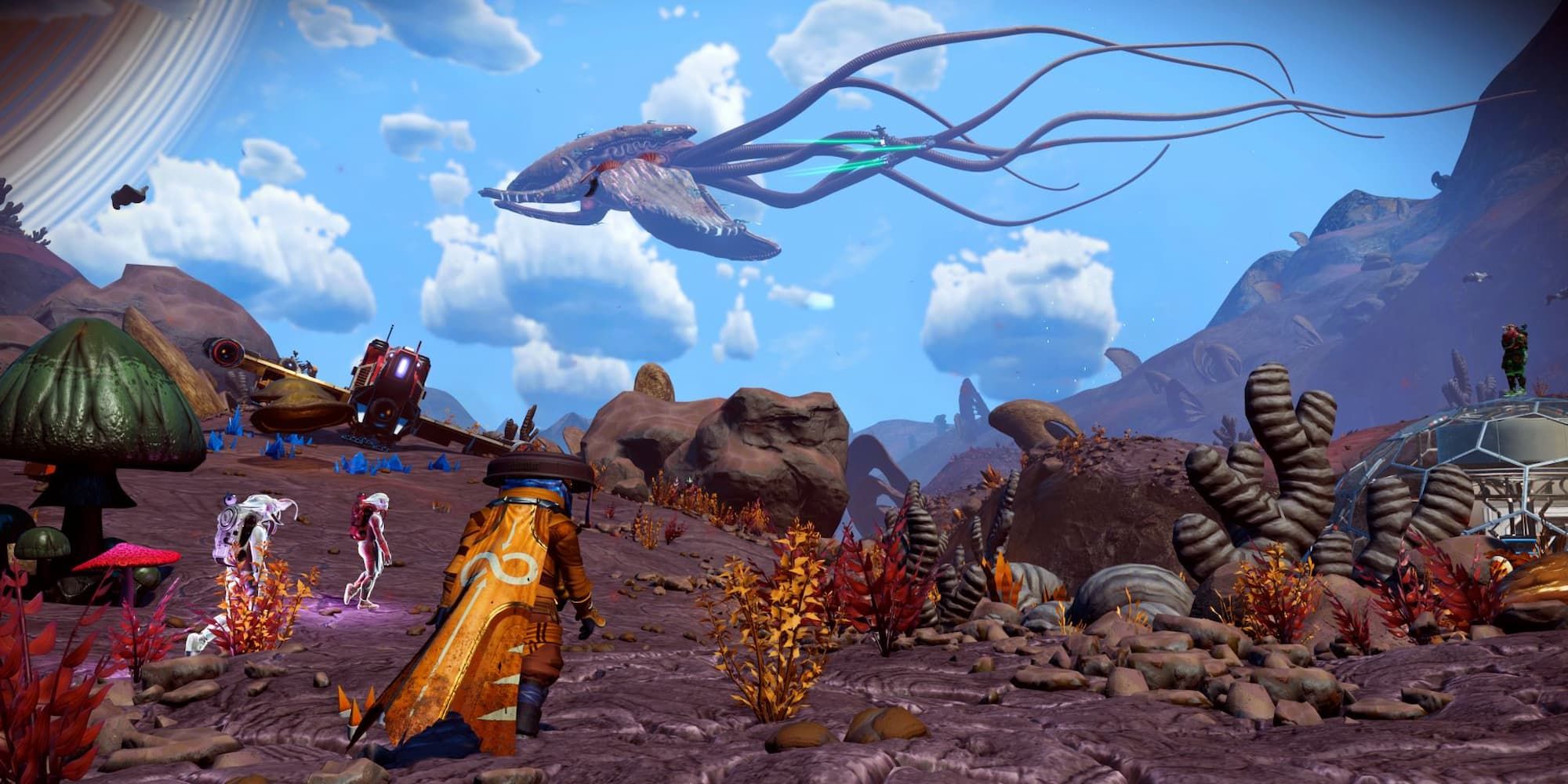 Space travelers look at a flying space creature from a planet's surface in No Man's Sky.