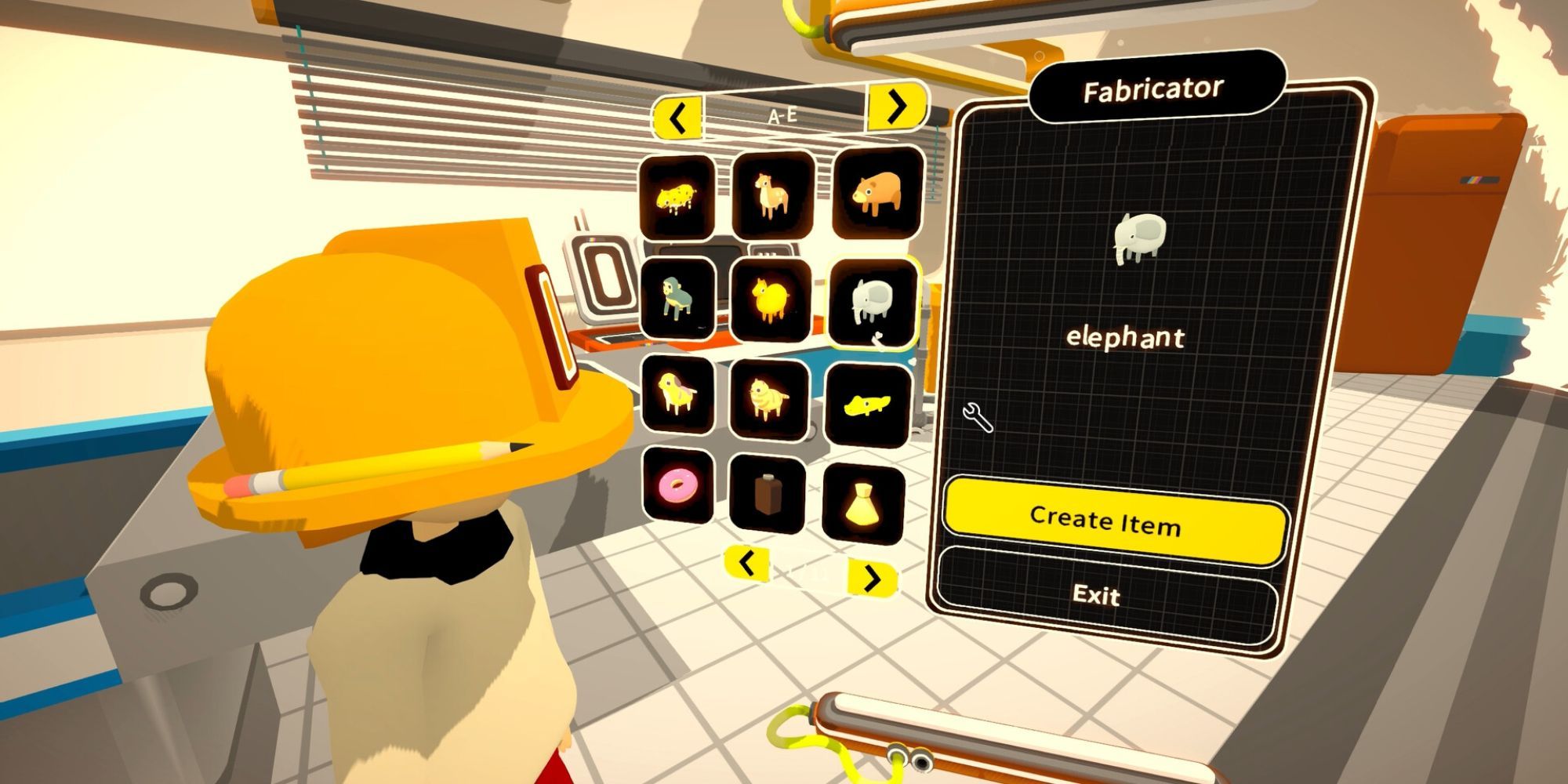 Ein Charakter mit einem orangefarbenen Helm betrachtet eine Benutzeroberfläche, die verschiedene Tiere und Objekte zeigt, die erstellt werden können.
