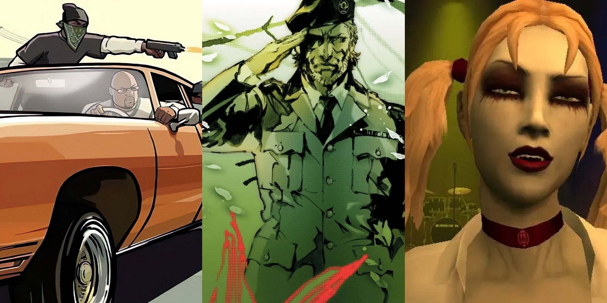 Official art for GTA San Andreas and Metal Gear Solid 3, and a screenshot of Jeanette from Vampire The Masquerade Bloodlines