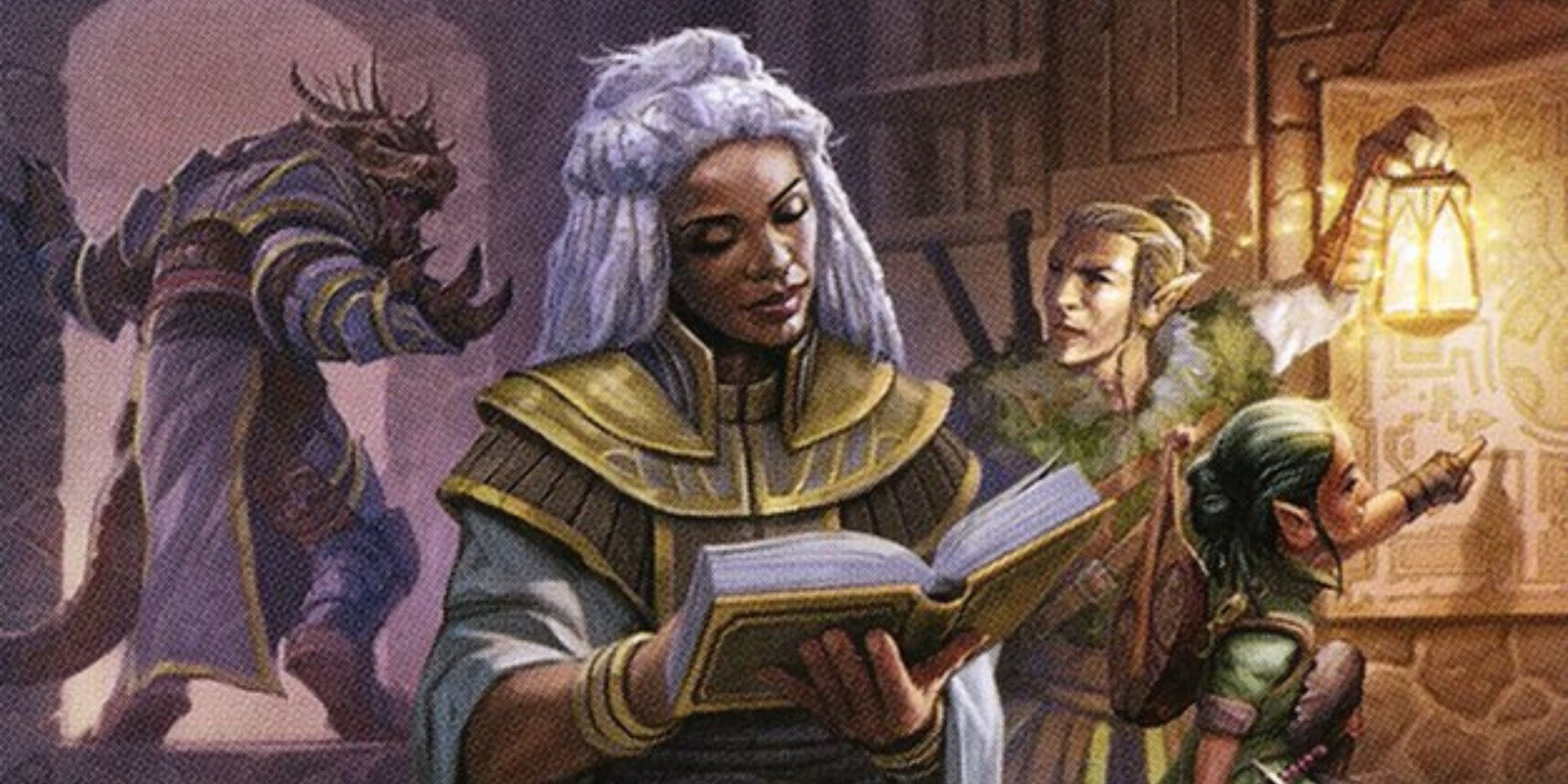 Artwork of a party of adventurers investigating a room, with the focus being on a human wizard holding a large tome