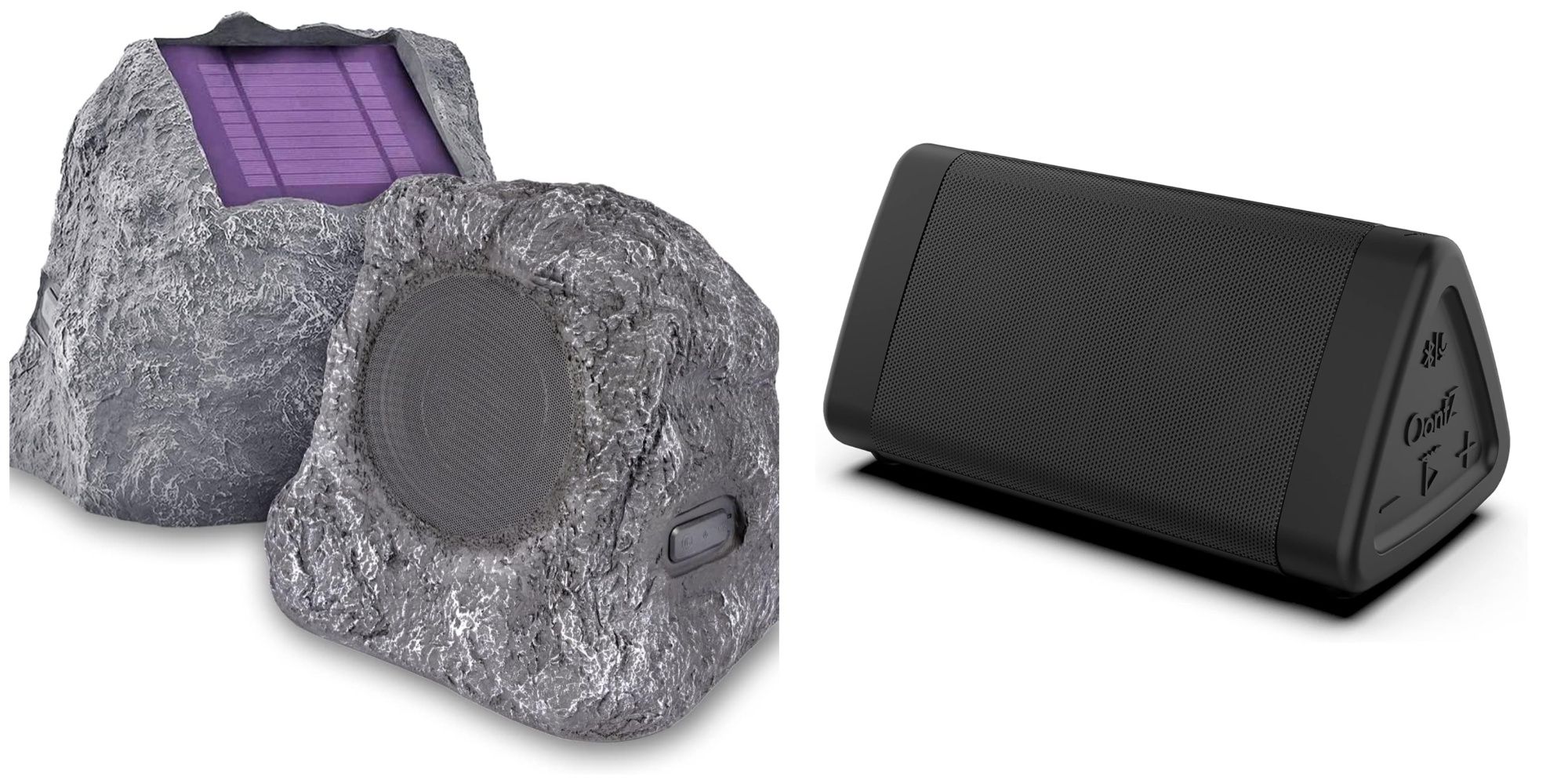 A pair of outdoor speakers. On the left, a pair of faux rocks with speakers and a purple solar panel. On the right, a triangular OontZ Angle 3.