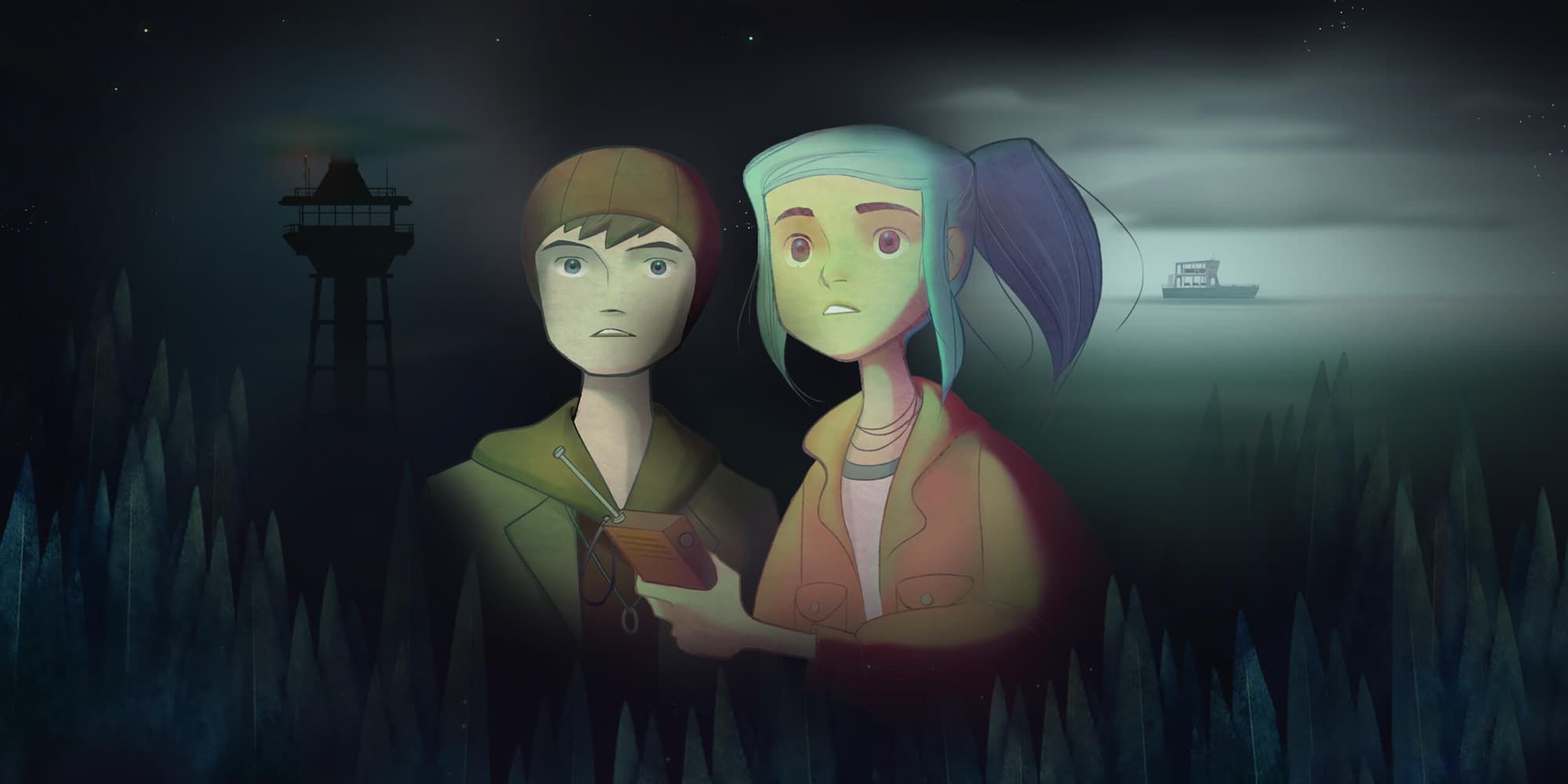 Alex and Jonas from Oxenfree standing side by side in a dark forest.