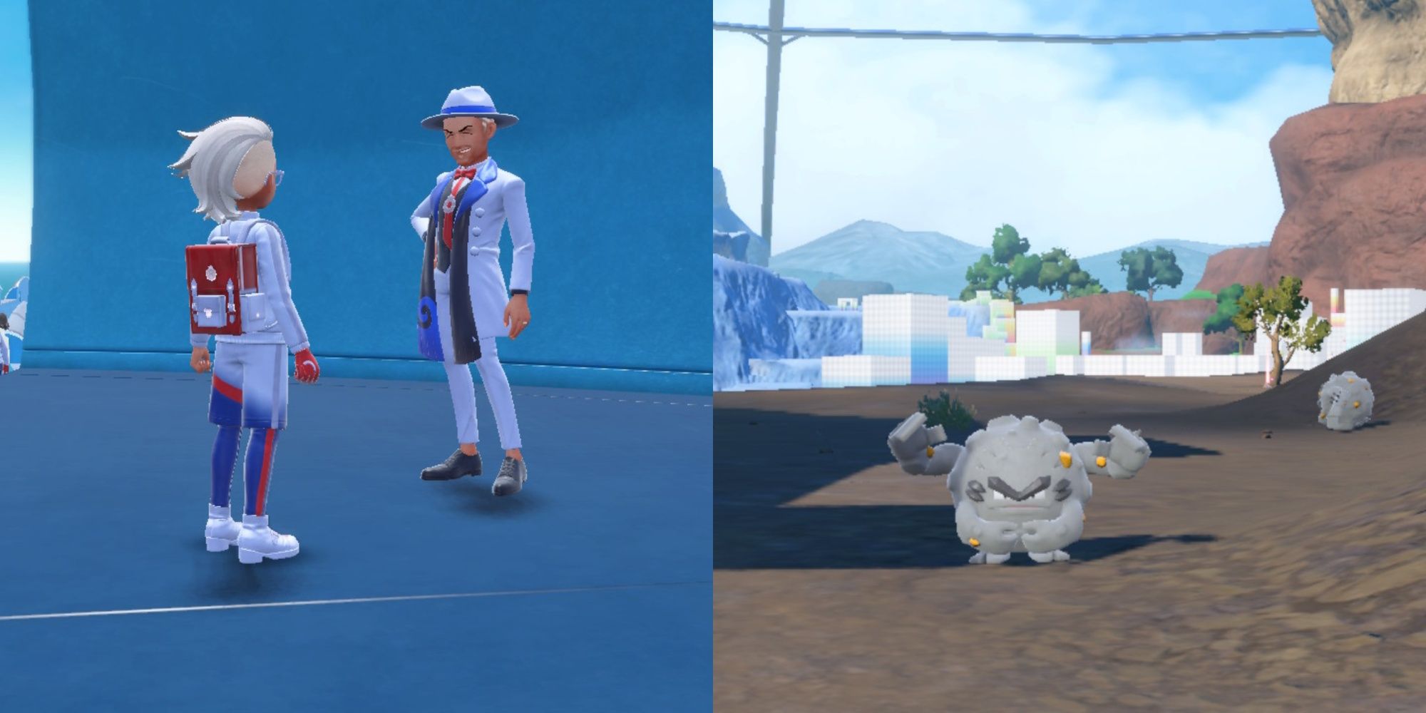 Collage image of the main character talking to Director Cyrano, and an Alolan Graveler roaming wild.