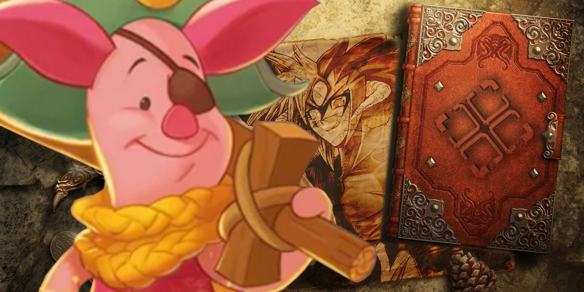 Piglet from Winnie the Pooh in Lorcana over Yu-Gi-Oh art on a medieval fantasy background next to a book with TheGamer logo-2