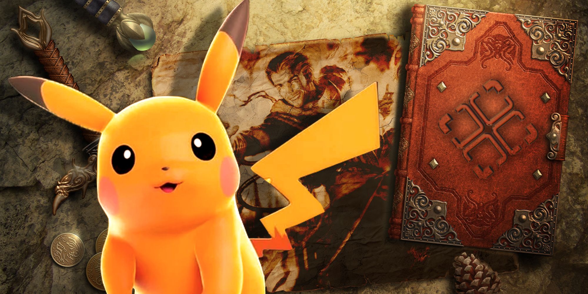 Pikachu over the top of a medieval map next to a sword and a book with a metallic TheGamer logo, the map featuring Ravnica Remastered artwork-1