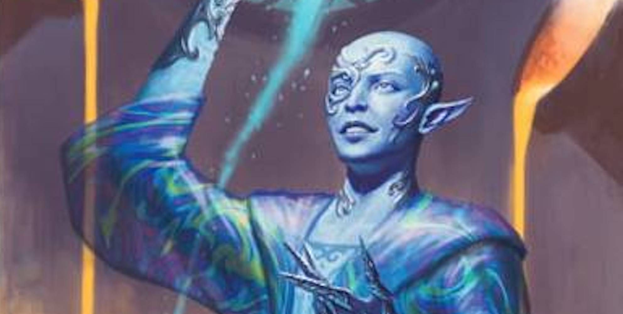 A blue skinned elf holds magic above their head.