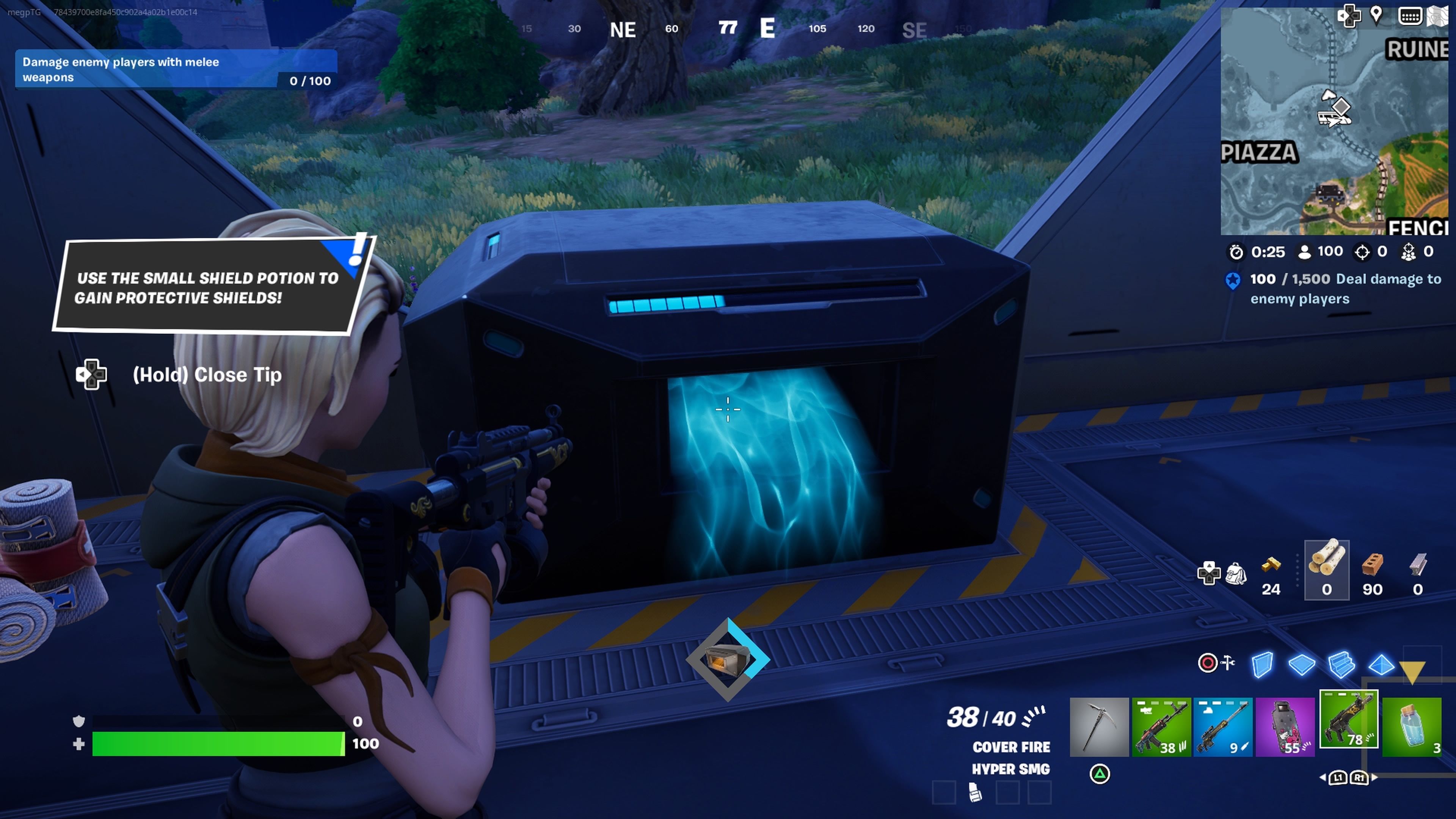 Player beside the train chest in Fortnite.