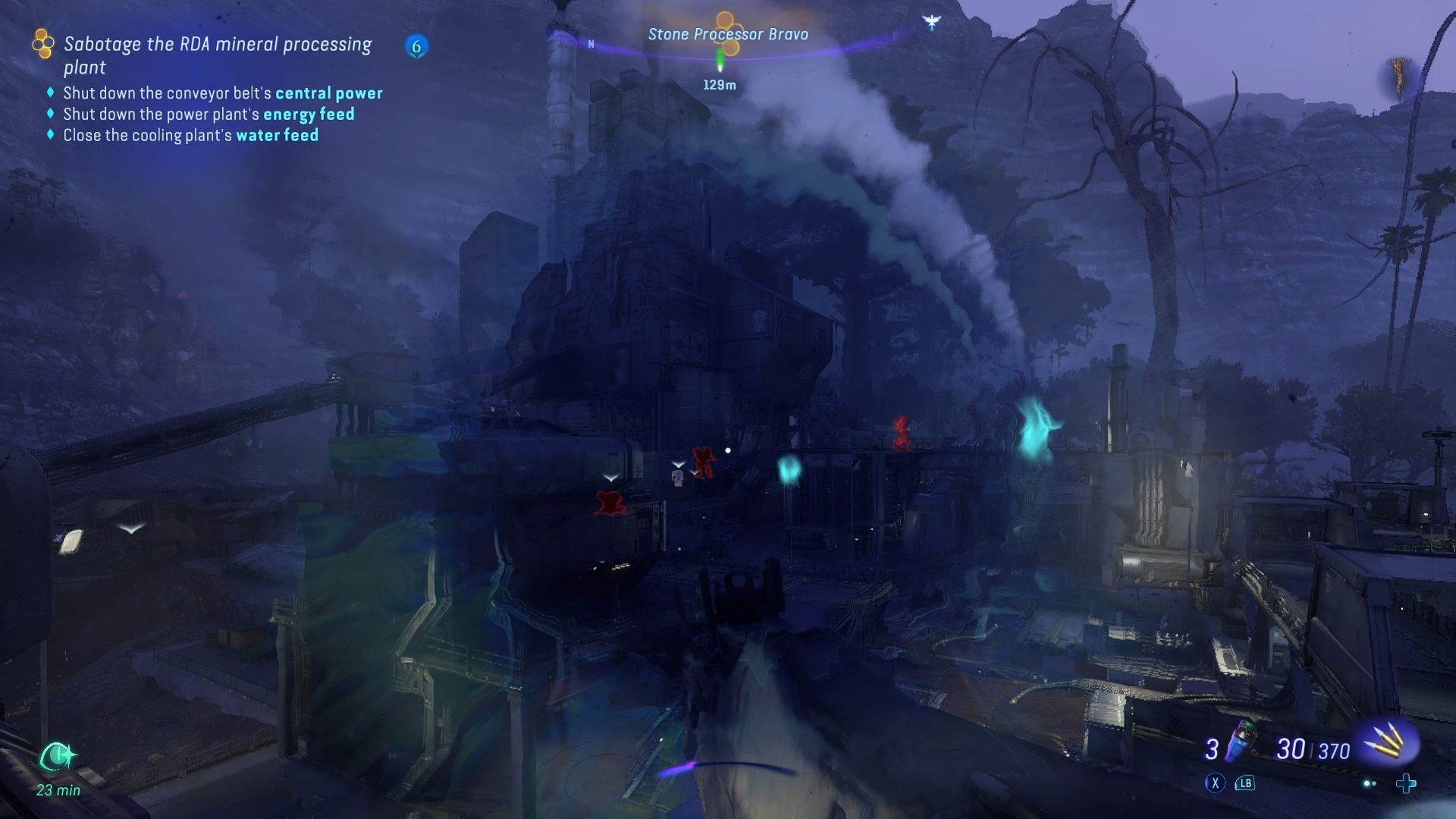Player using his na'vi senses to highlight enemies in an RDA base Avatar Frontiers of Pandora
