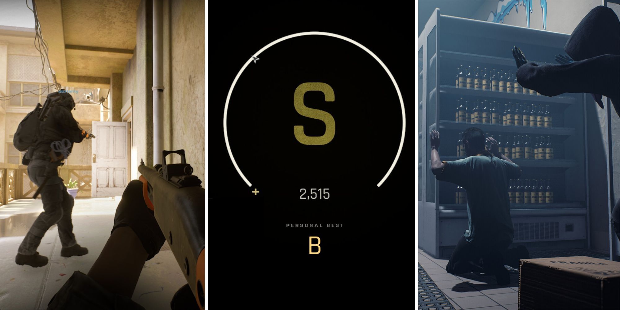 split image showing multiplayer, an s rank score, and suspects surrendering in ready or not