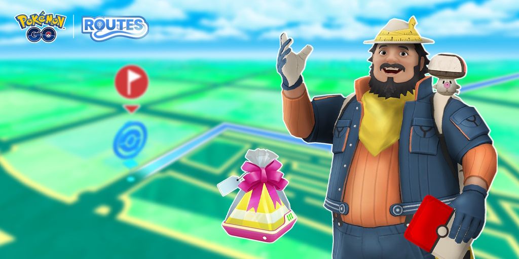 Image of Mateo from Pokemon Go next to a gift, with a Pokemon Go Route in the background