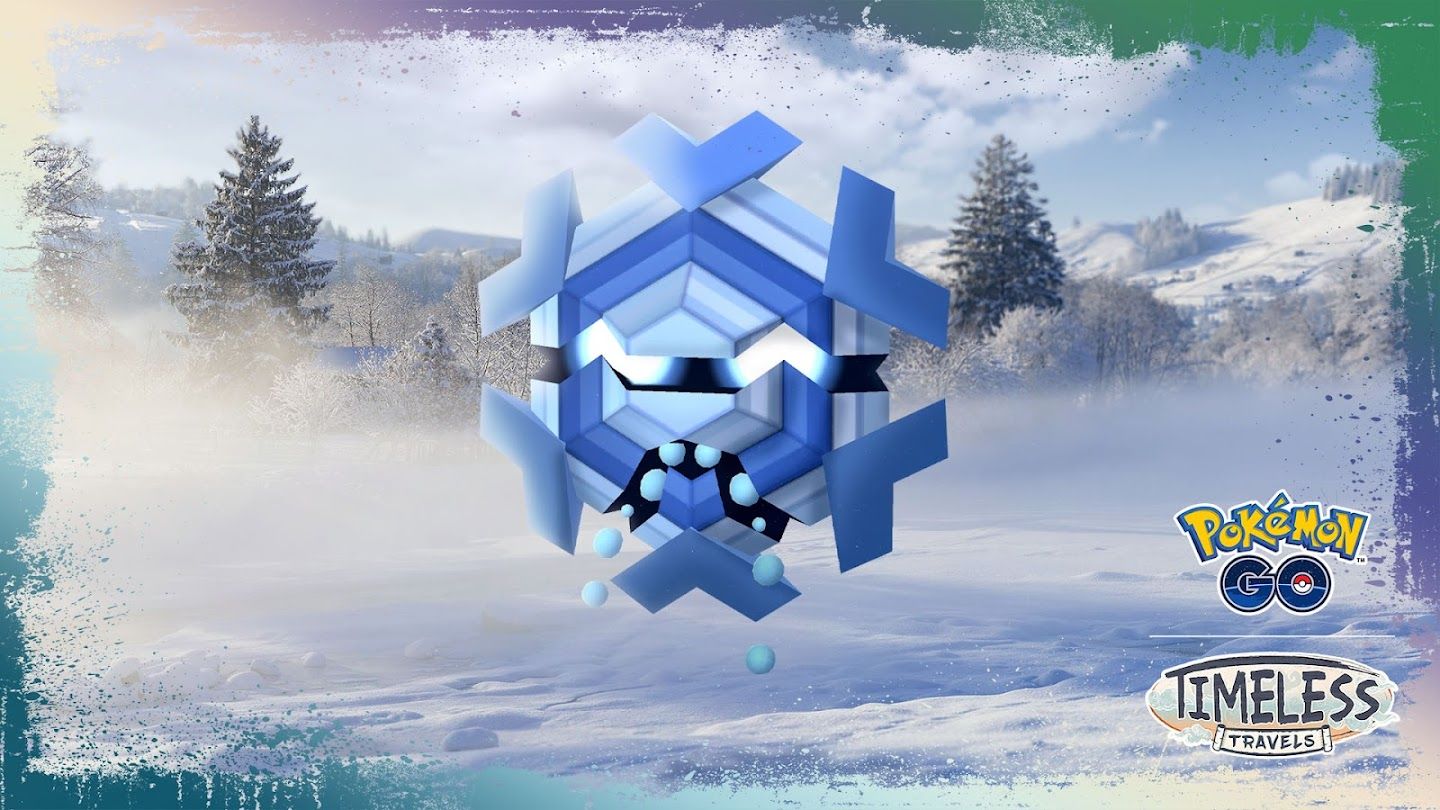 Cryogonal from Pokemon floating about the snow-covered ground