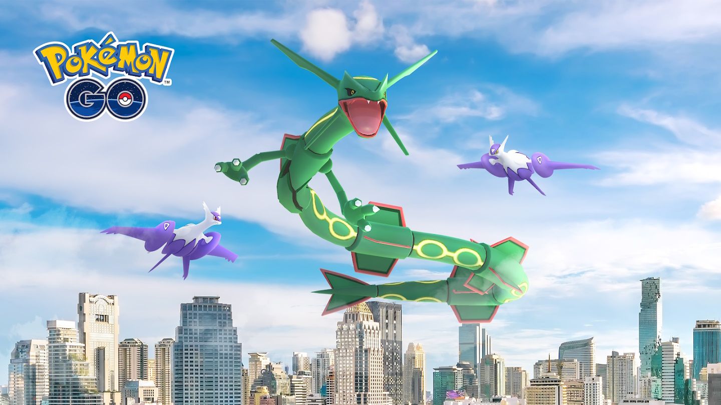 Image of Mega Latios, Rayquaza, and Mega Latias flying in the sky above a city