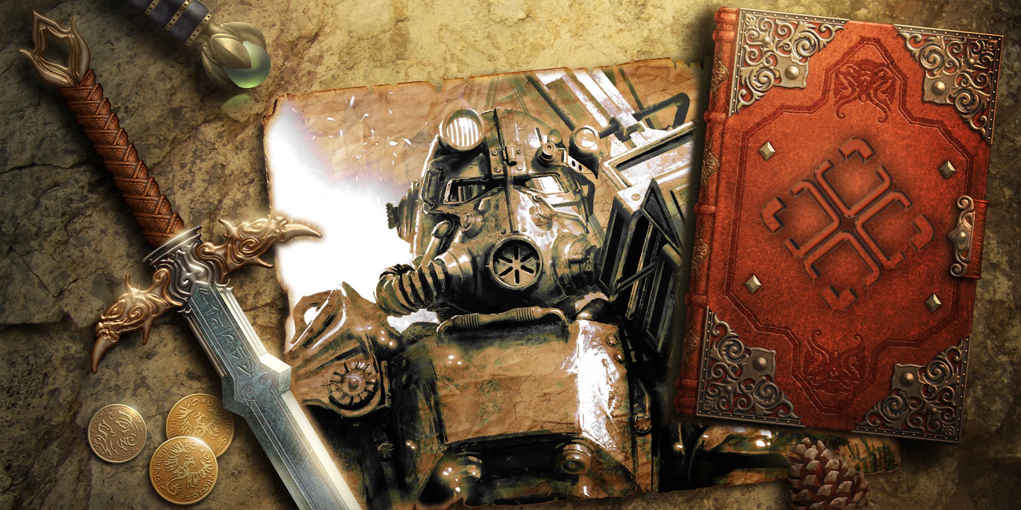 Power Armour from Fallout, as MTG card art, over old parchment next to a sword and book with metallic TheGamer logo on top