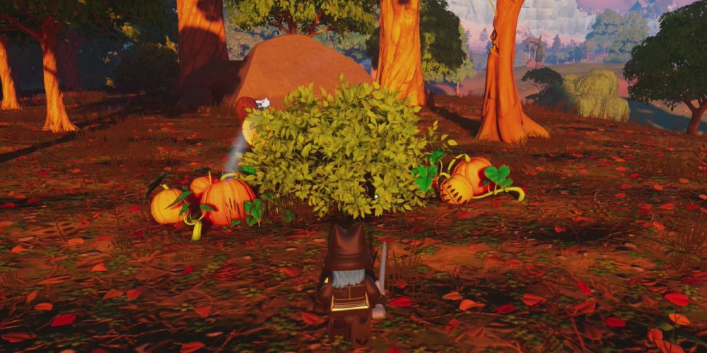 Lego Fortnite: Standing in front of a bush with pumpkins on either side