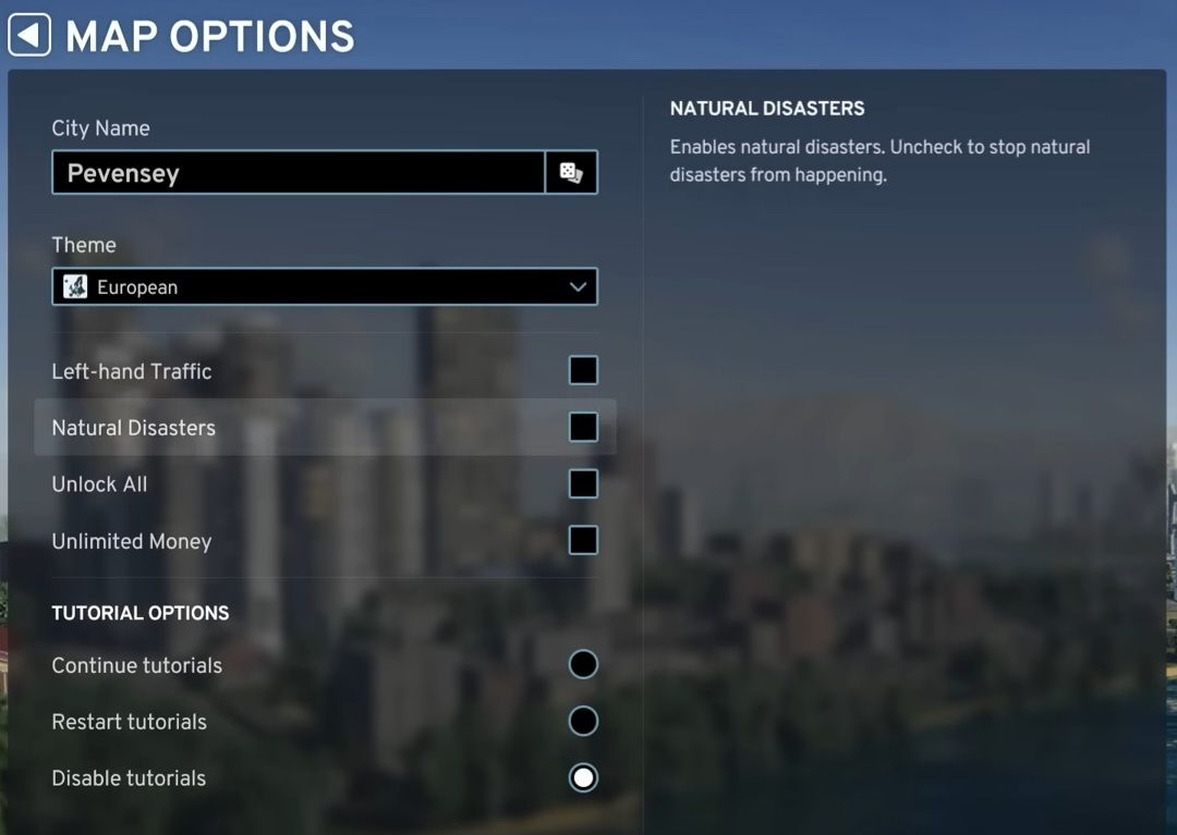 on-off disasters from Map Options in Cities: Skylines 2.